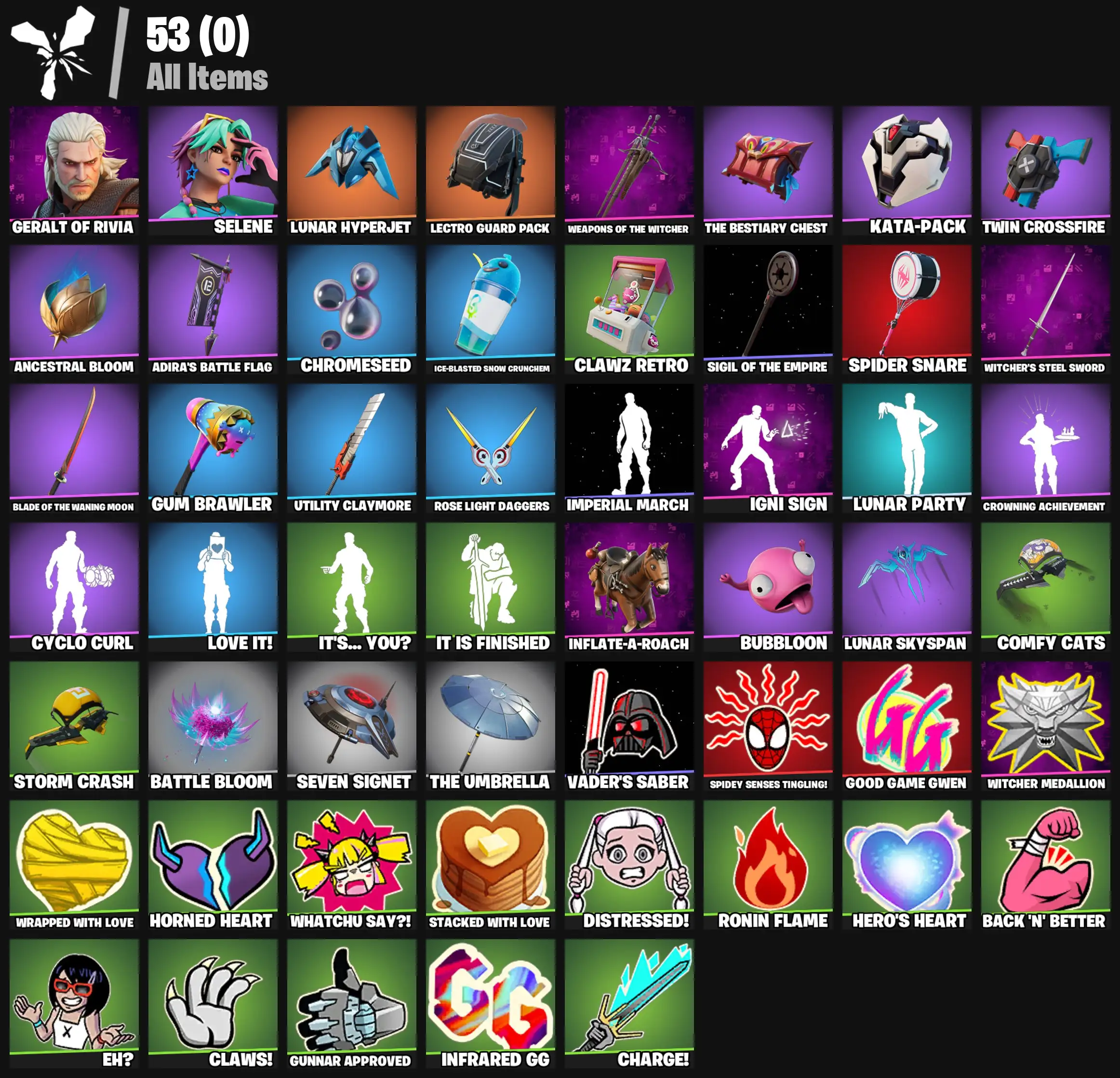 [PC/PSN/XBOX] 2 skins | Geralt of Rivia | Selene | Lunar Hyperjet | Lectro Guard Pack | Weapons of the Witcher | The Bestiary Chest | Kata-Pack | 150 VB