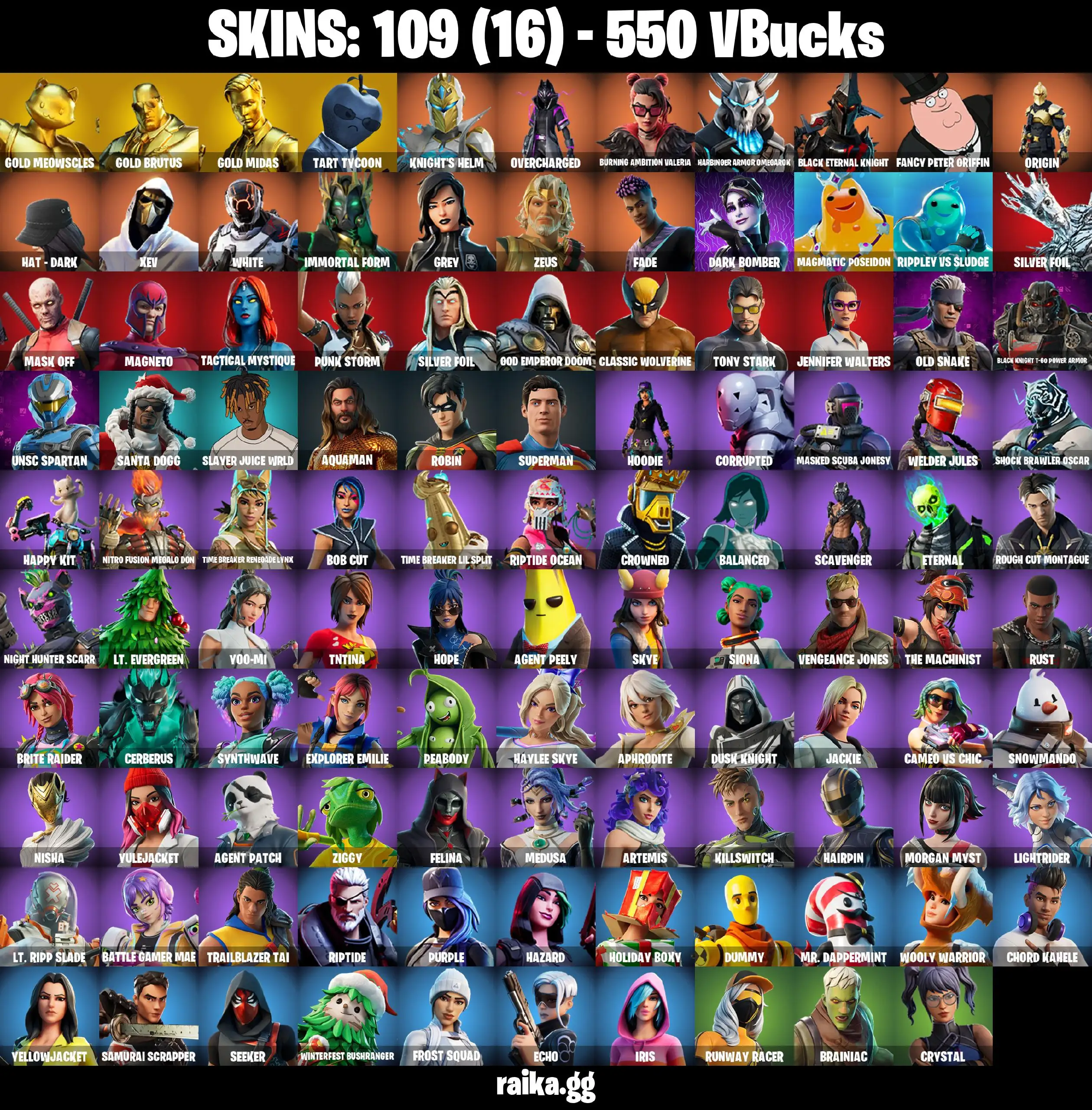 [PC/PSN/XBOX] 109 Stacked skins | Gold Meowscles | Gold Brutus | Gold Midas | Tart Tycoon | Hydraulic Wrecker | Stray | Renegade Lynx | 550 VB