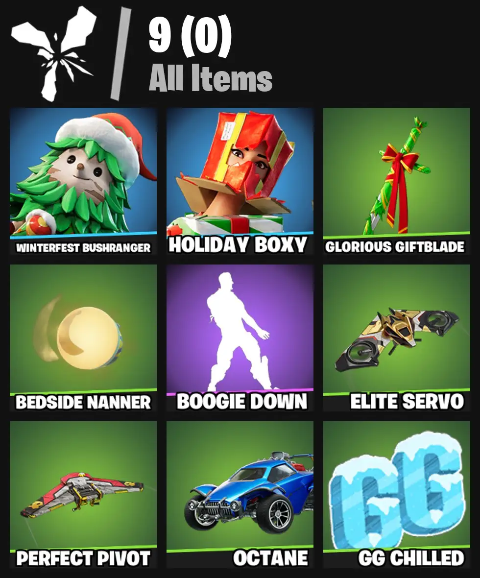 [PC/PSN/XBOX] 2 skins | Winterfest Bushranger | Holiday Boxy | Glorious Giftblade | Bedside Nanner | Boogie Down | Elite Servo | Perfect Pivot | 0 VB