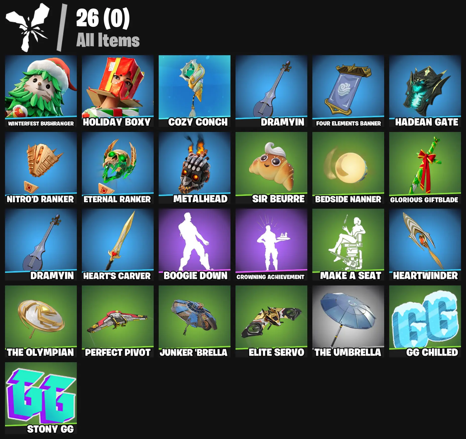 [PC/PSN/XBOX] 2 skins | Winterfest Bushranger | Holiday Boxy | Cozy Conch | Dramyin | Four Elements Banner | Hadean Gate | Nitro'd Ranker | 0 VB