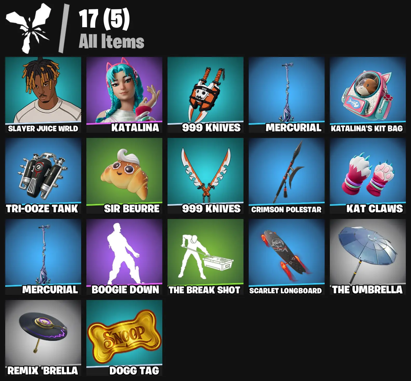 [PC/PSN/XBOX] 2 skins | Slayer Juice WRLD | Katalina | 999 Knives | Mercurial | Katalina's Kit Bag | Tri-Ooze Tank | Sir Beurre | 999 Knives | 0 VB