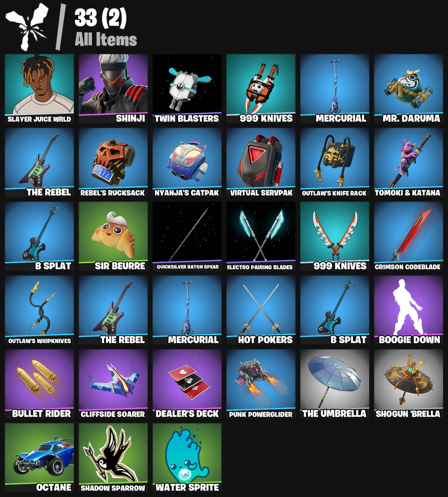 [PC/PSN/XBOX] 2 skins | Slayer Juice WRLD | Shinji | Twin Blasters | 999 Knives | Mercurial | Mr. Daruma | The Rebel | Rebel's Rucksack | 200 VB