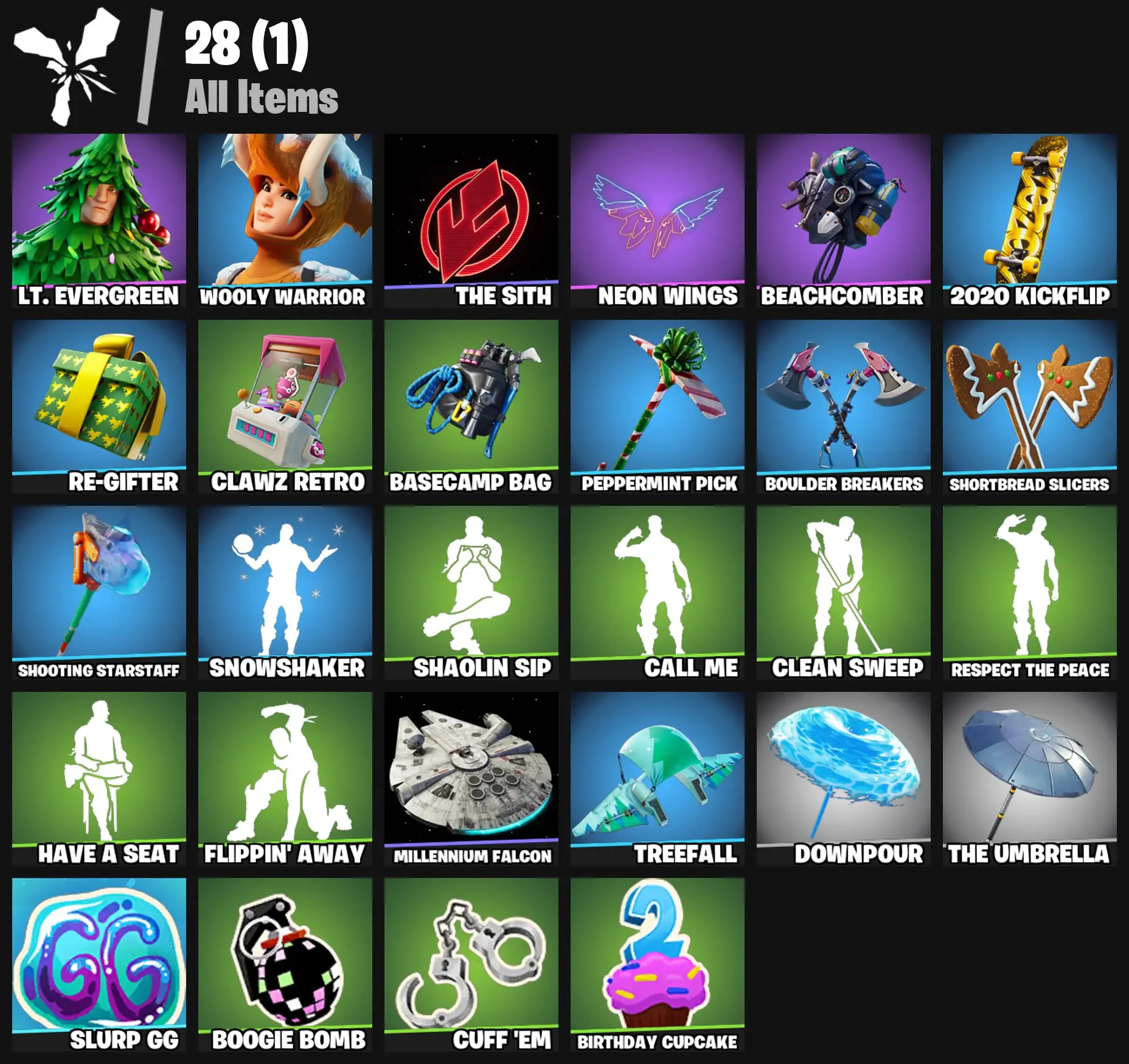 [PC/PSN/XBOX] 2 skins | Lt. Evergreen | Wooly Warrior | The Sith | Neon Wings | Beachcomber | 2020 Kickflip | Re-gifter | Clawz Retro | Basecamp Bag | 200 VB