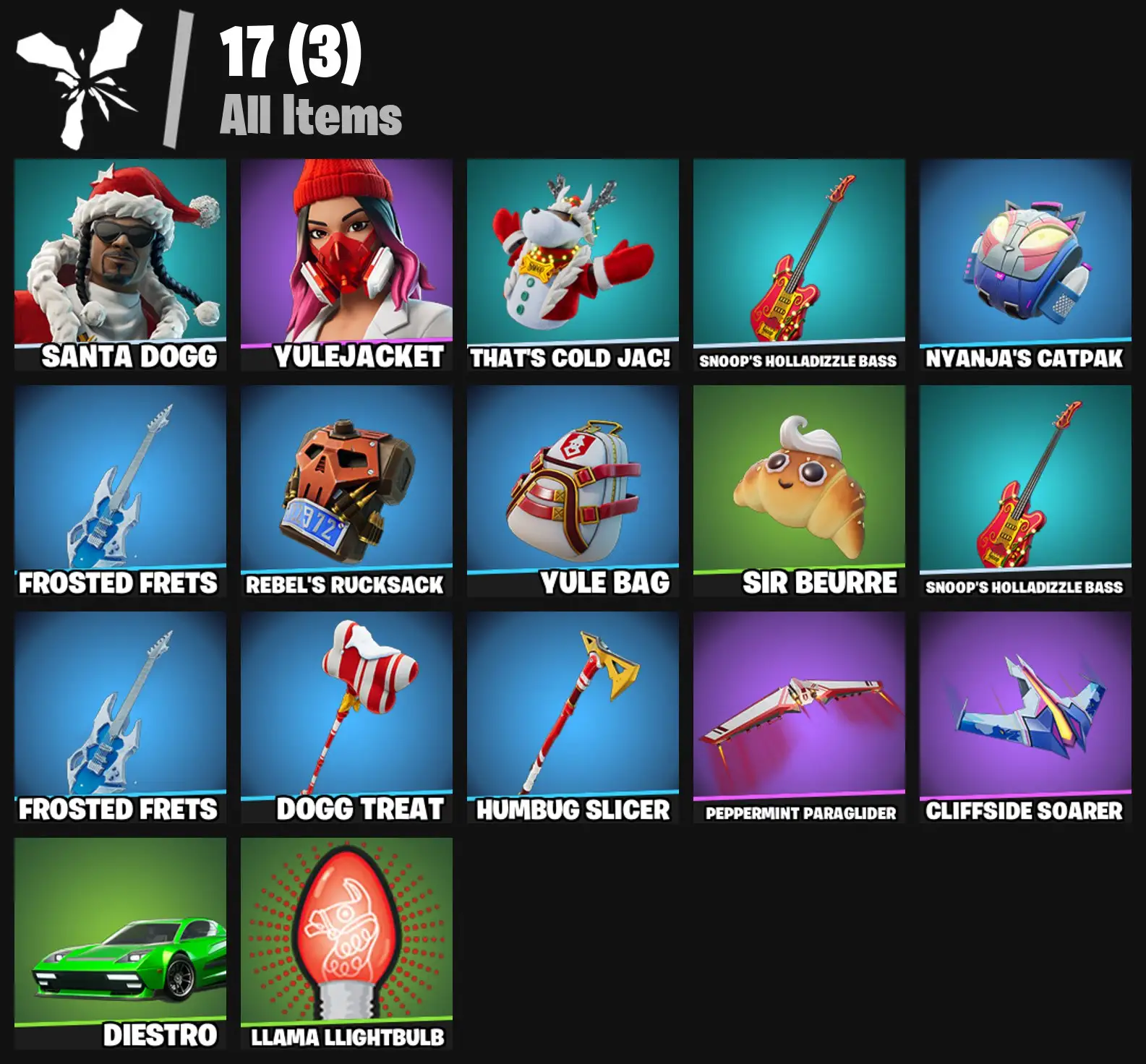 [PC/PSN/XBOX] 2 skins | Santa Dogg | Yulejacket | That's Cold Jac! | Snoop's Holladizzle Bass | Nyanja's Catpak | Frosted Frets | Rebel's Rucksack | 0 VB