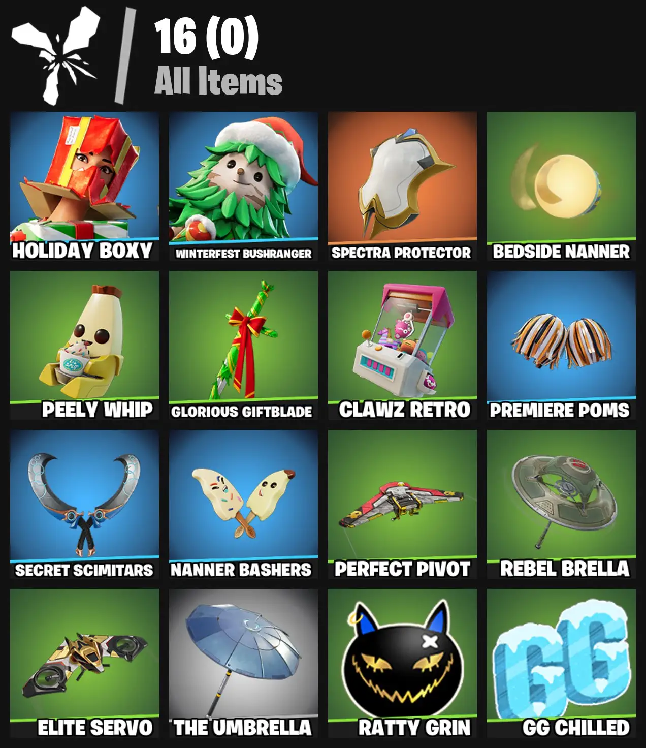 [PC/PSN/XBOX] 2 skins | Holiday Boxy | Winterfest Bushranger | Spectra Protector | Bedside Nanner | Peely Whip | Glorious Giftblade | Clawz Retro | 0 VB