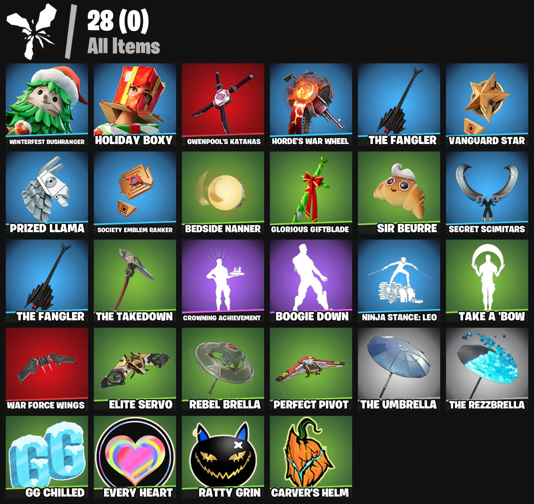 [PC/PSN/XBOX] 2 skins | Winterfest Bushranger | Holiday Boxy | Gwenpool's Katanas | Horde's War Wheel | The Fangler | Vanguard Star | Prized Llama | 0 VB