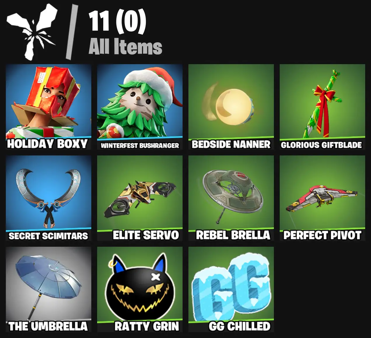 [PC/PSN/XBOX] 2 skins | Holiday Boxy | Winterfest Bushranger | Bedside Nanner | Glorious Giftblade | Secret Scimitars | Elite Servo | Rebel Brella | 0 VB