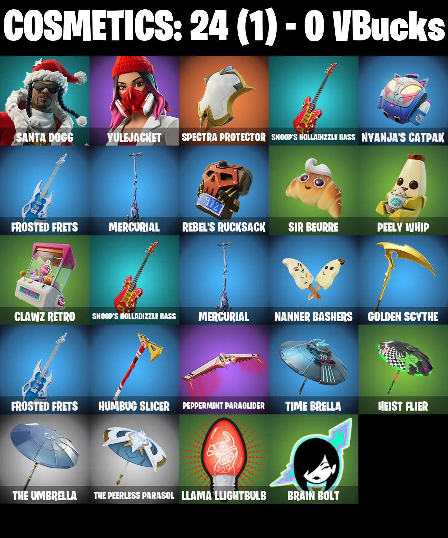 [PC/PSN/XBOX] 2 skins | Santa Dogg | Yulejacket | Spectra Protector | Snoop's Holladizzle Bass | Nyanja's Catpak | Frosted Frets | Mercurial | 0 VB