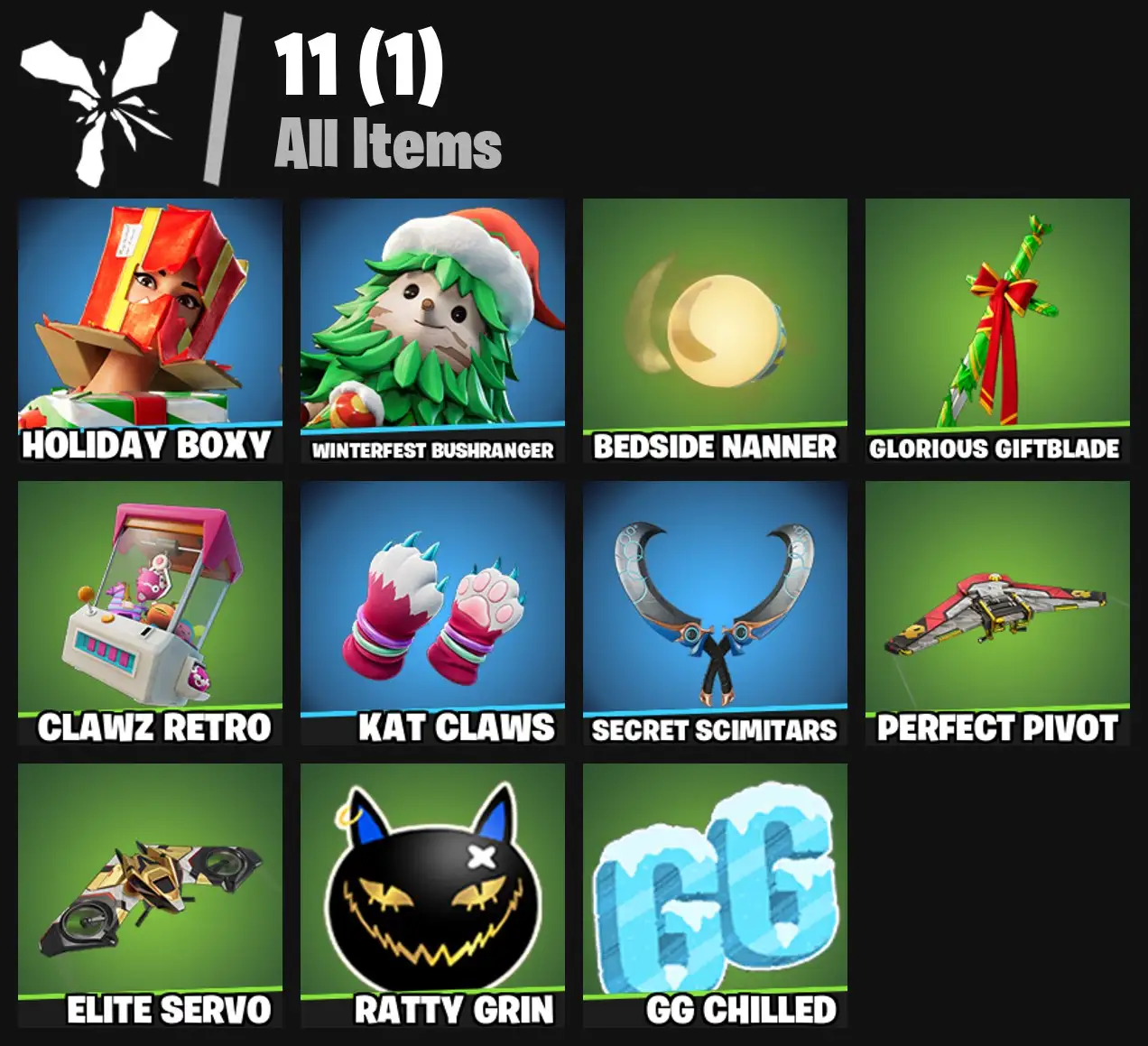 [PC/PSN/XBOX] 2 skins | Holiday Boxy | Winterfest Bushranger | Bedside Nanner | Glorious Giftblade | Clawz Retro | Kat Claws | Secret Scimitars | 0 VB