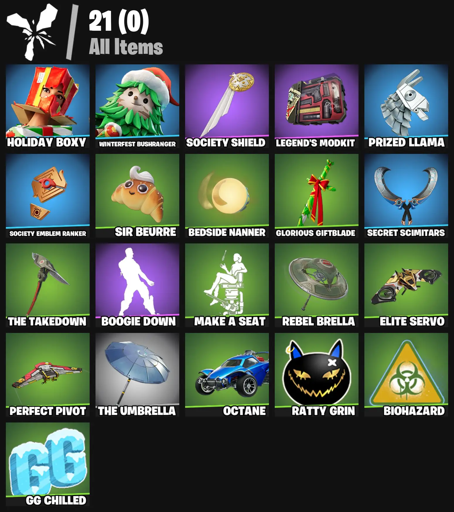[PC/PSN/XBOX] 2 skins | Holiday Boxy | Winterfest Bushranger | Society Shield | Legend's Modkit | Prized Llama | Society Emblem Ranker | Sir Beurre | 200 VB