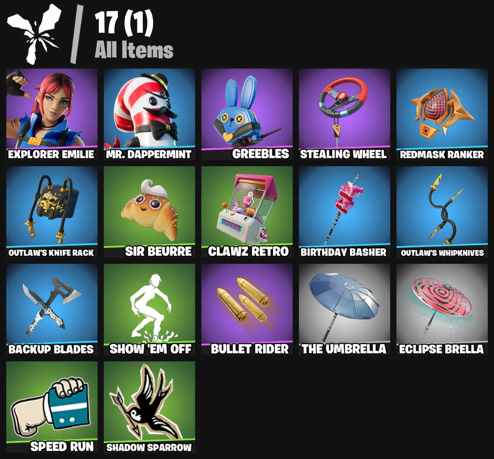 [PC/PSN/XBOX] 2 skins | Explorer Emilie | Mr. Dappermint | Greebles | Stealing Wheel | Redmask Ranker | Outlaw's Knife Rack | Sir Beurre | Clawz Retro | 0 VB