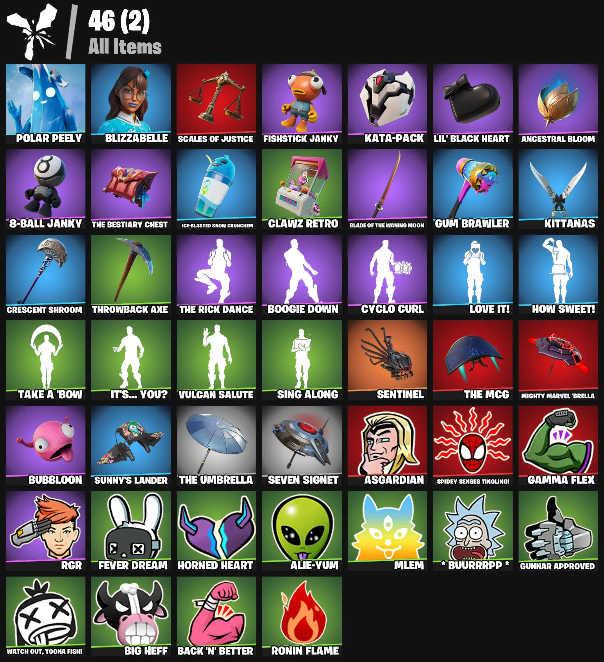 [PC/PSN/XBOX] 2 skins | Polar Peely | Blizzabelle | Scales of Justice | Fishstick Janky | Kata-Pack | Lil' Black Heart | Ancestral Bloom | 200 VB