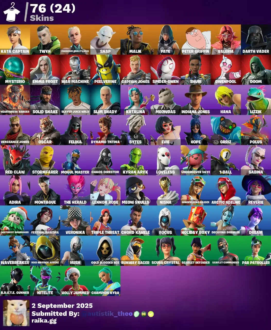 [PC/PSN] 76 skins | Kata Captain | Twyn | Paradigm (Reality-659) | Snap | Malik | Fate | Peter Griffin | Valeria | Darth Vader | Mysterio | Emma Frost | 0 VB