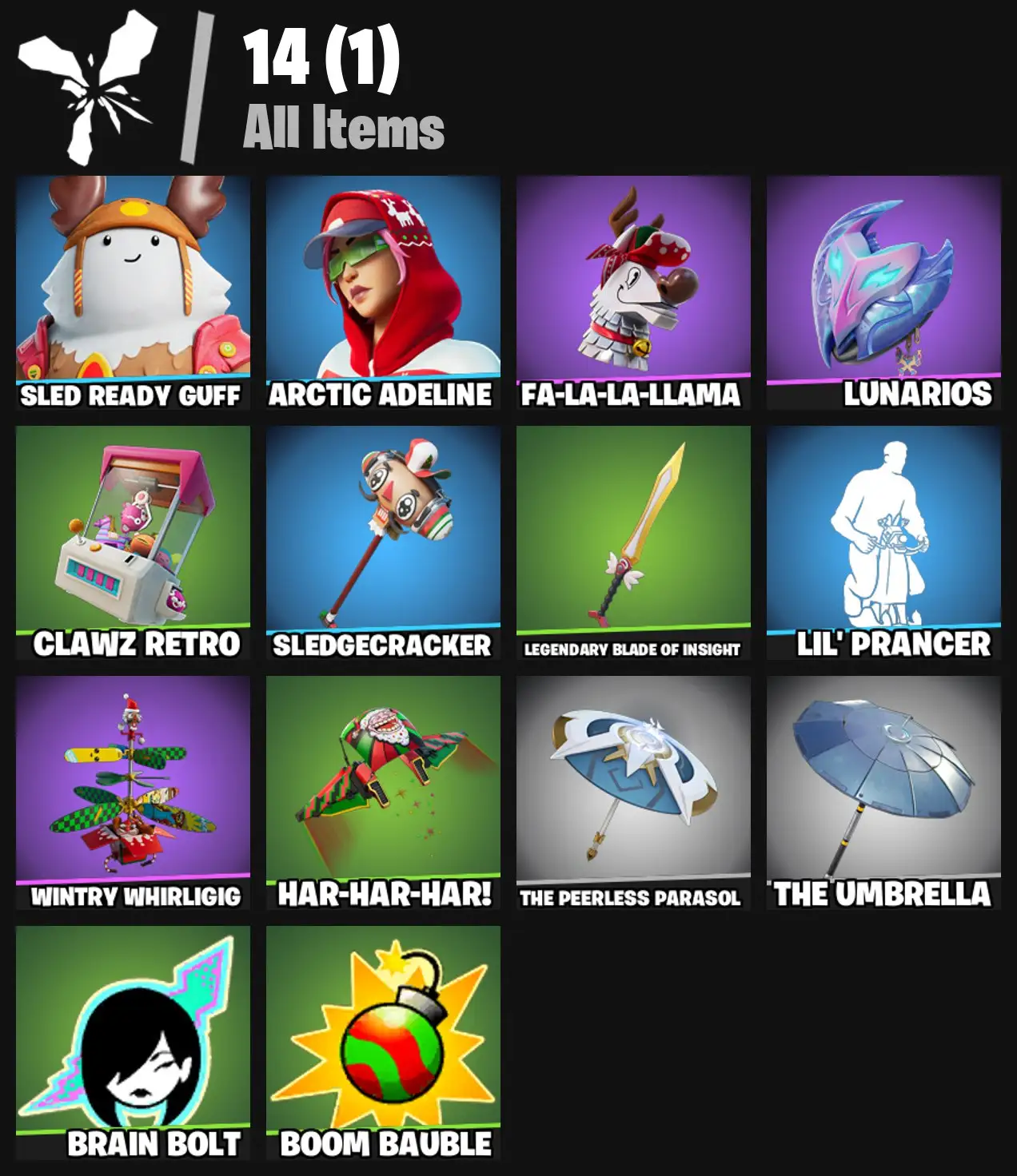 [PC/PSN/XBOX] 2 skins | Sled Ready Guff | Arctic Adeline | Fa-la-la-Llama | Lunarios | Clawz Retro | Sledgecracker | Legendary Blade of Insight | 0 VB