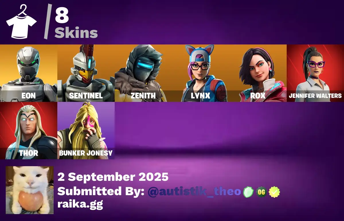 [PC/PSN/XBOX] 8 skins | Eon | Sentinel | Zenith | Lynx | Rox | Jennifer Walters | Thor | Bunker Jonesy | Spectra Protector | Altitude | Thor's Cloak | 200 VB