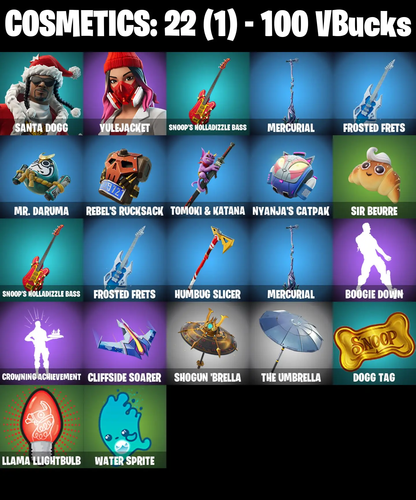 [PC/PSN/XBOX] 2 skins | Santa Dogg | Yulejacket | Snoop's Holladizzle Bass | Mercurial | Frosted Frets | Mr. Daruma | Rebel's Rucksack | 100 VB
