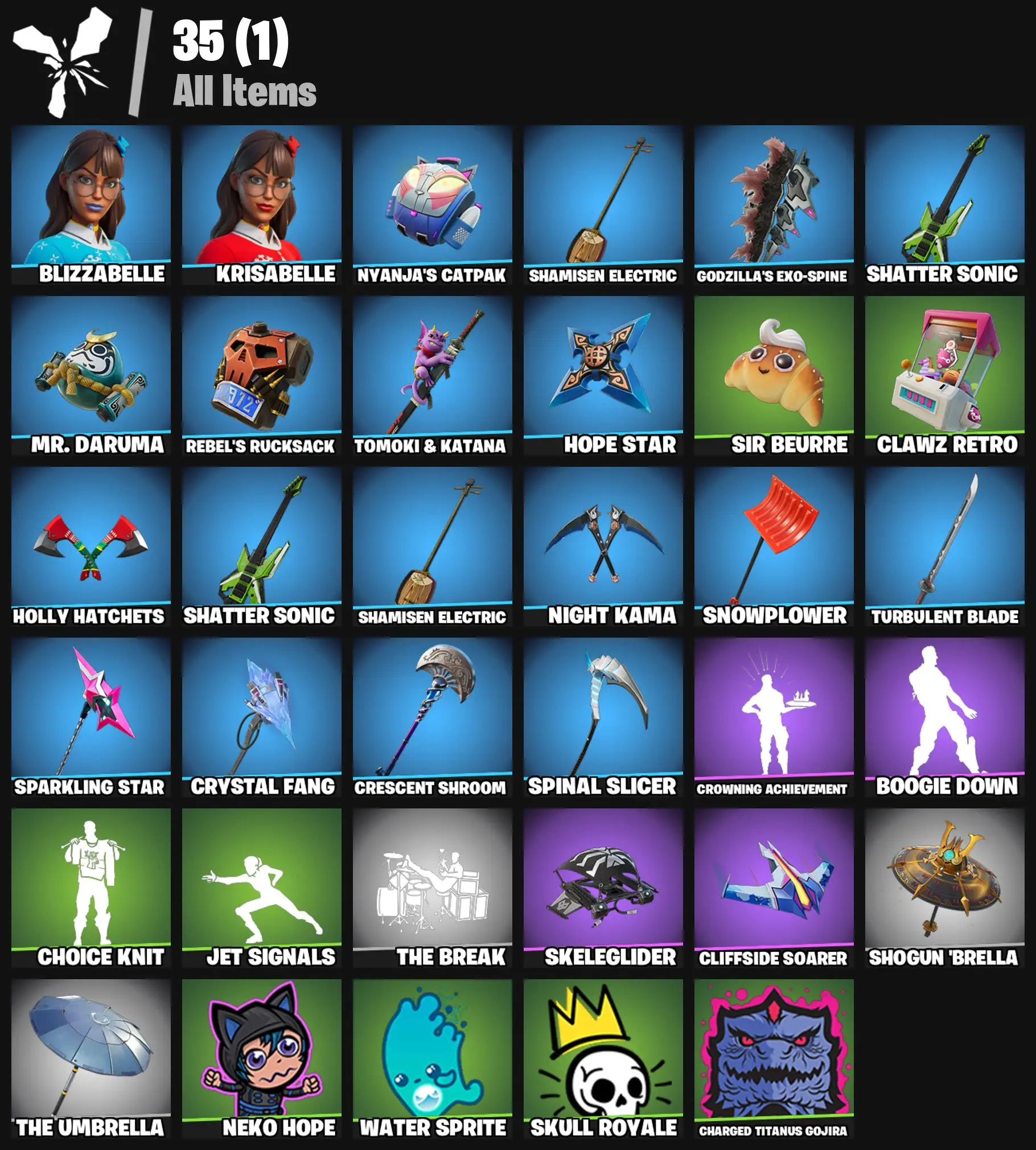 [PC/PSN/XBOX] 2 skins | Blizzabelle | Krisabelle | Nyanja's Catpak | Shamisen Electric | Godzilla's Exo-Spine | Shatter Sonic | Mr. Daruma | 100 VB