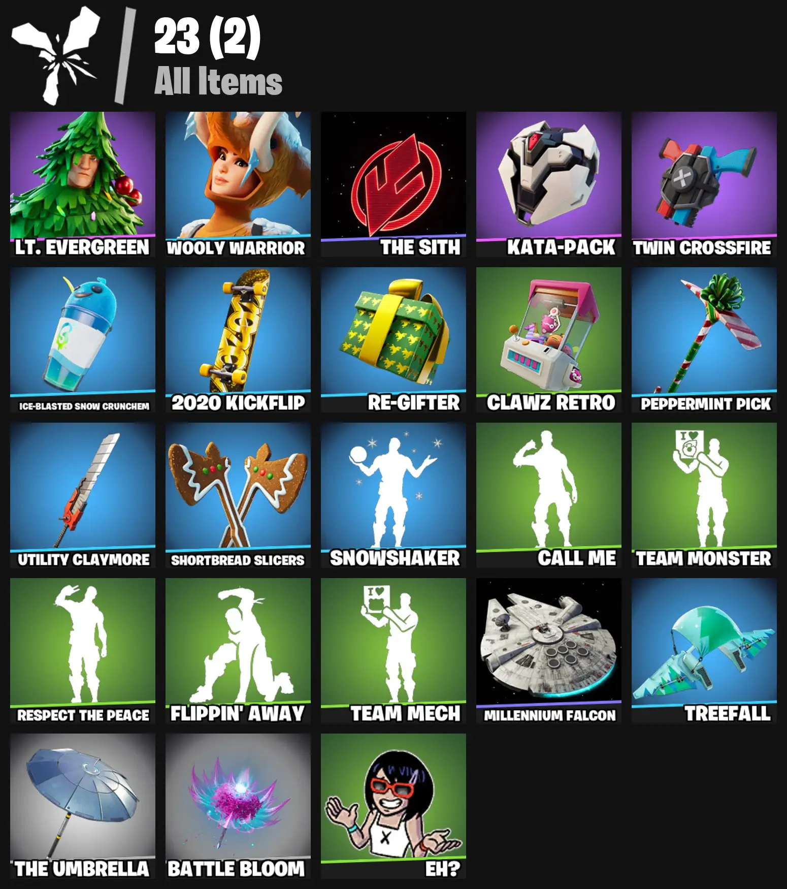 [PC/PSN/XBOX] 2 skins | Lt. Evergreen | Wooly Warrior | The Sith | Kata-Pack | Twin Crossfire | Ice-Blasted Snow Crunchem | 2020 Kickflip | 100 VB