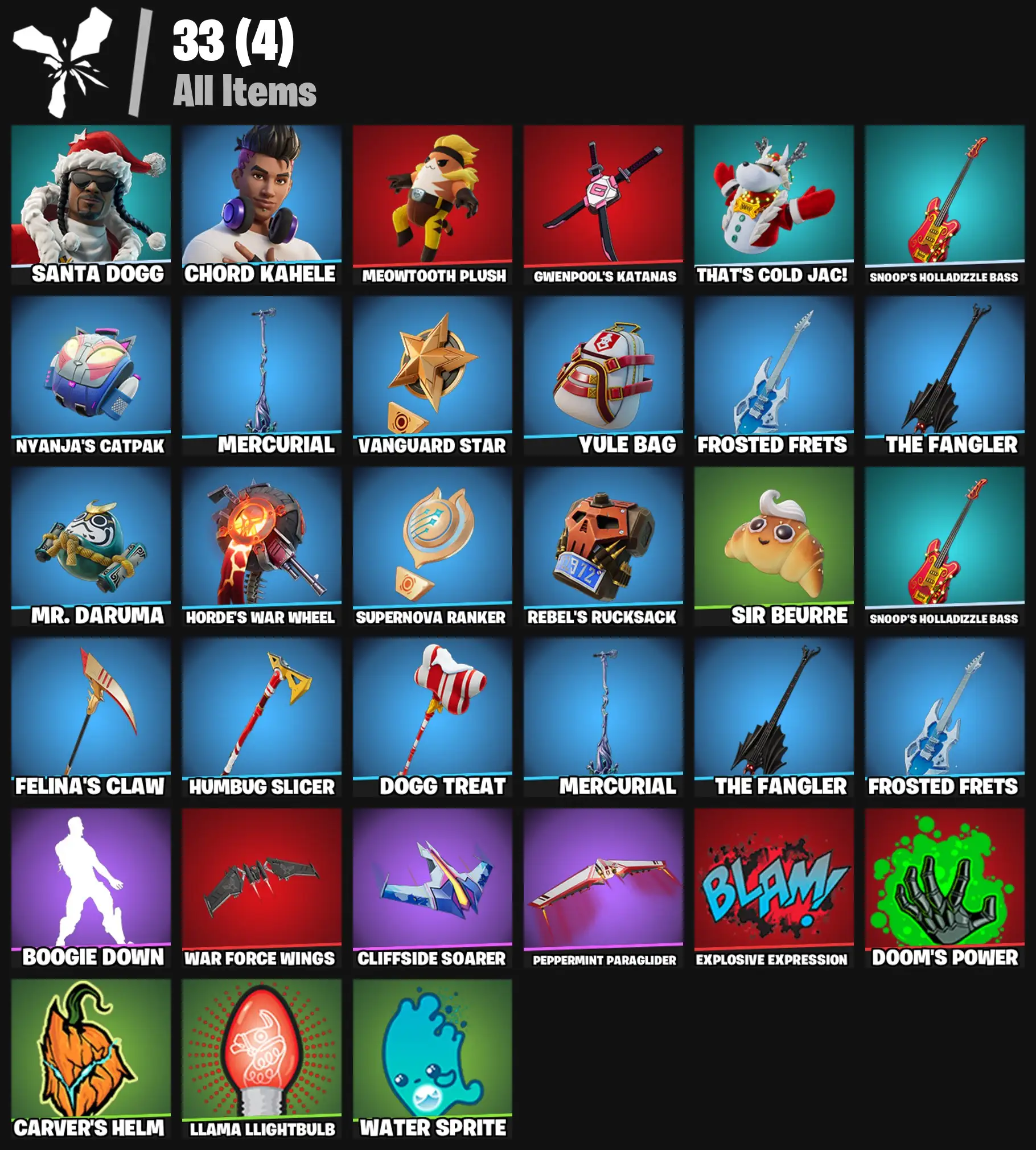 [PC/PSN/XBOX] 2 skins | Santa Dogg | Chord Kahele | Meowtooth Plush | Gwenpool's Katanas | That's Cold Jac! | Snoop's Holladizzle Bass | 200 VB