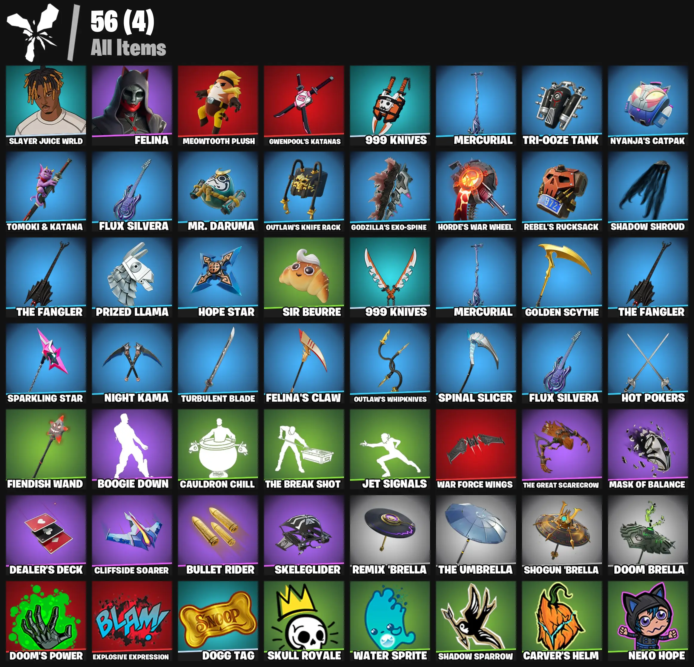 [PC/PSN/XBOX] 2 skins | Slayer Juice WRLD | Felina | Meowtooth Plush | Gwenpool's Katanas | 999 Knives | Mercurial | Tri-Ooze Tank | Nyanja's Catpak | 300 VB