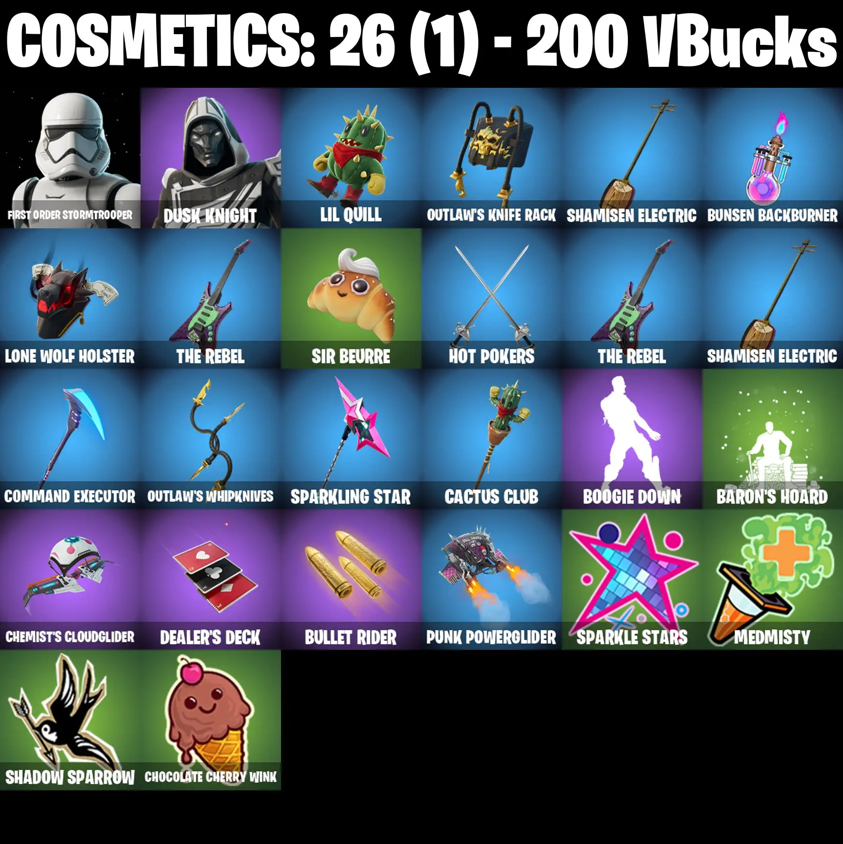 [PC/PSN/XBOX] 2 skins | First Order Stormtrooper | Blitz Knight | Lil Quill | Outlaw's Knife Rack | Shamisen Electric | Bunsen Backburner | 200 VB