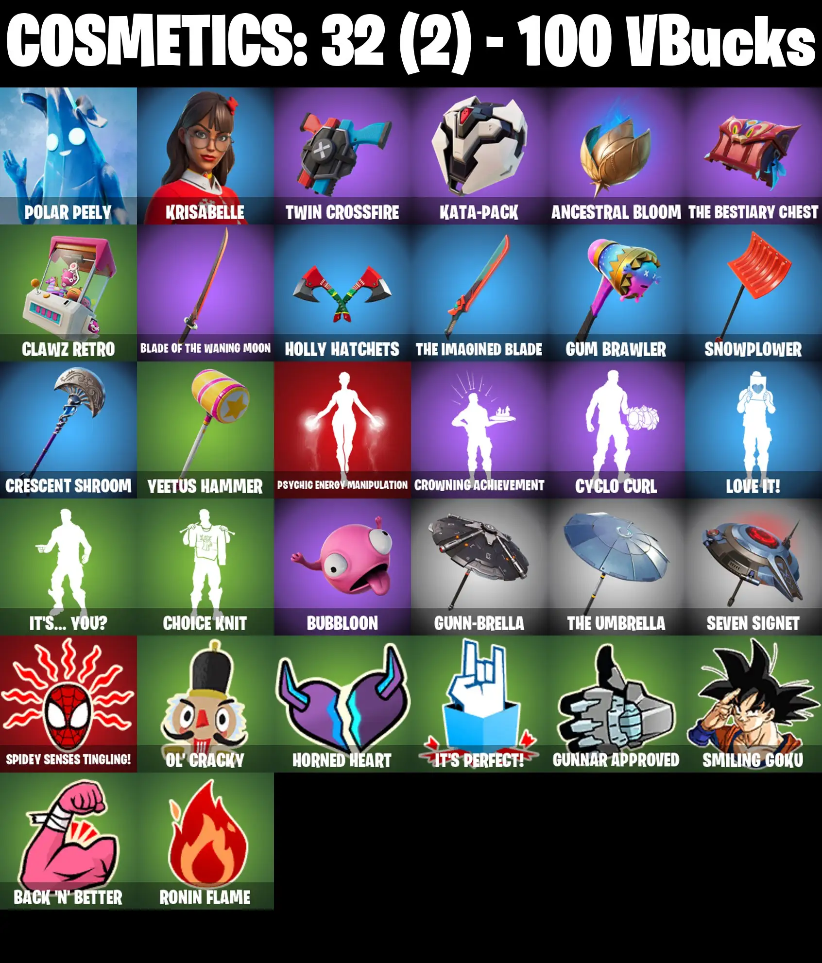 [PC/PSN/XBOX] 2 skins | Polar Peely | Krisabelle | Twin Crossfire | Kata-Pack | Ancestral Bloom | The Bestiary Chest | Clawz Retro | 100 VB