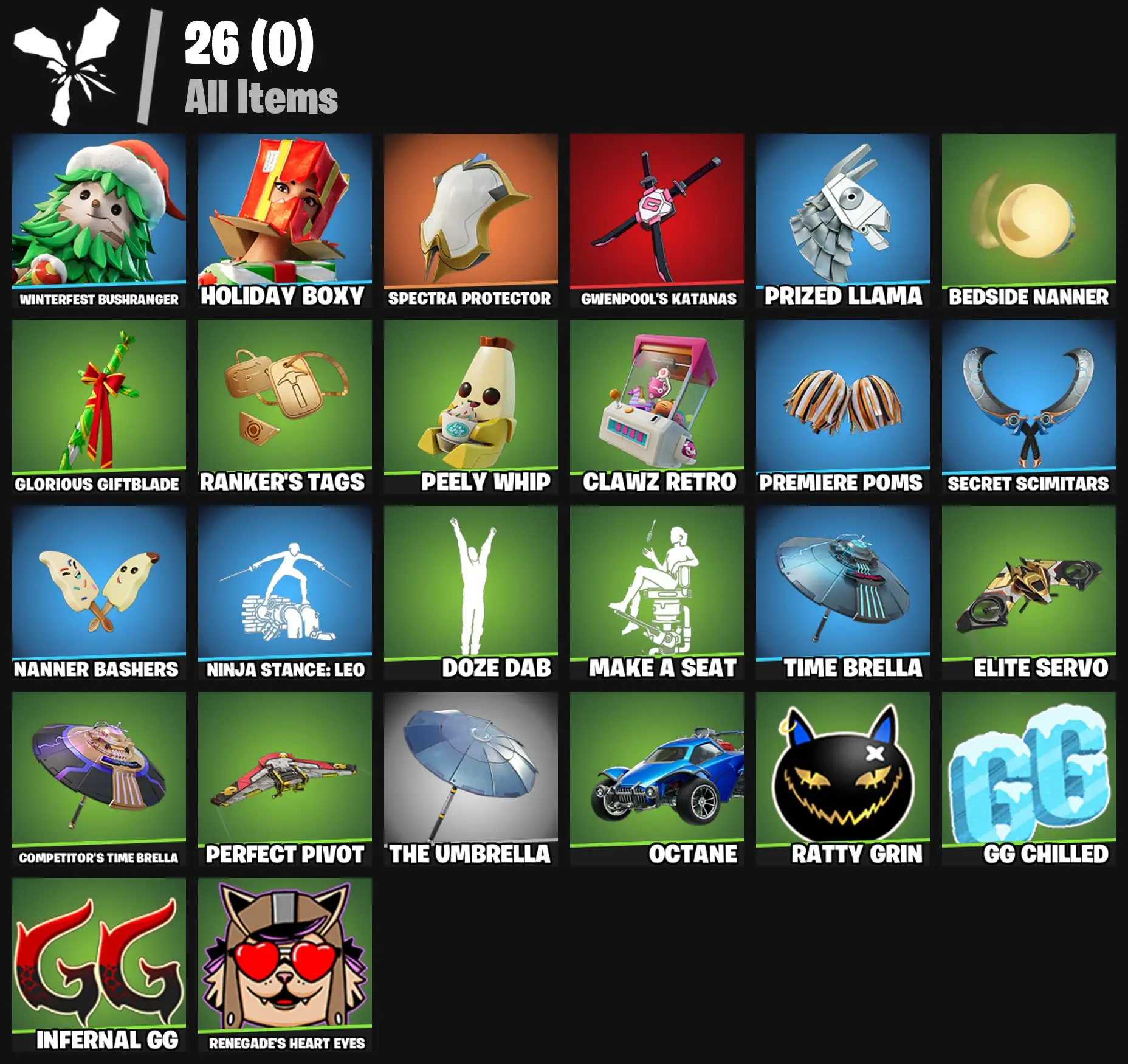 [PC/PSN/XBOX] 2 skins | Winterfest Bushranger | Holiday Boxy | Spectra Protector | Gwenpool's Katanas | Prized Llama | Bedside Nanner | 200 VB