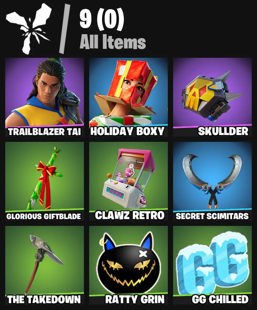 [PC/PSN/XBOX] 2 skins | Trailblazer Tai | Holiday Boxy | Skullder | Glorious Giftblade | Clawz Retro | Secret Scimitars | The Takedown | 100 VB