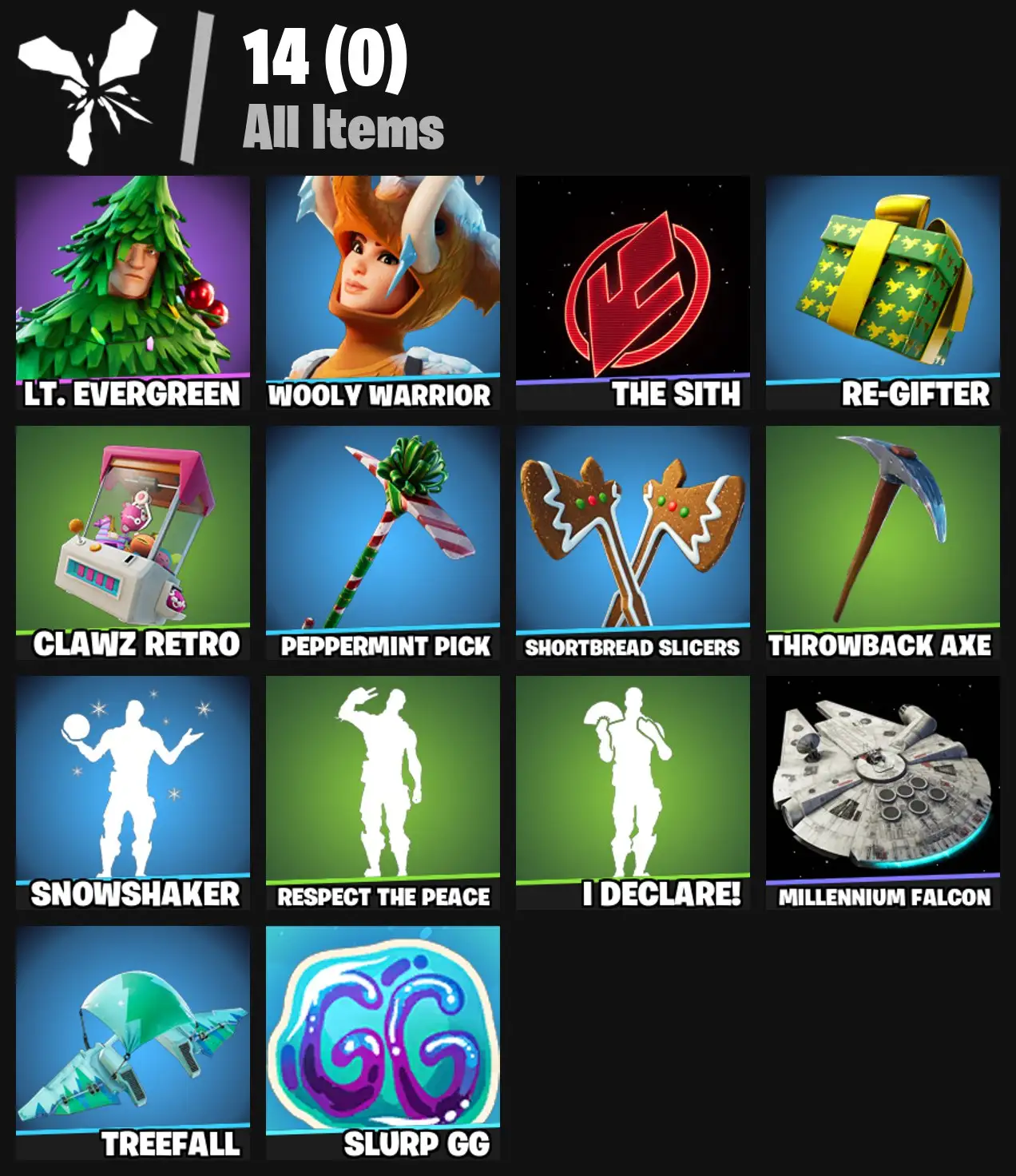 [PC/PSN/XBOX] 2 skins | Lt. Evergreen | Wooly Warrior | The Sith | Re-gifter | Clawz Retro | Peppermint Pick | Shortbread Slicers | Throwback Axe | 100 VB