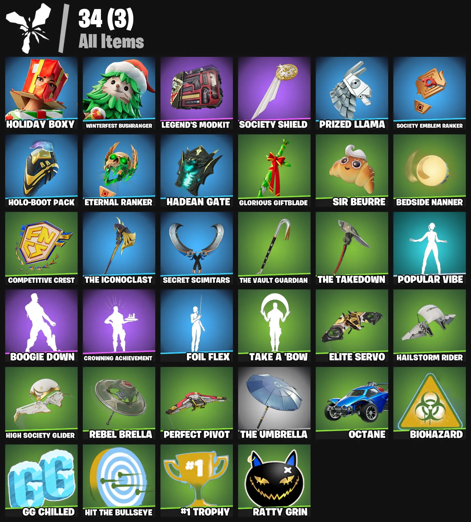 [PC/PSN/XBOX] 2 skins | Holiday Boxy | Winterfest Bushranger | Legend's Modkit | Society Shield | Prized Llama | Society Emblem Ranker | 200 VB