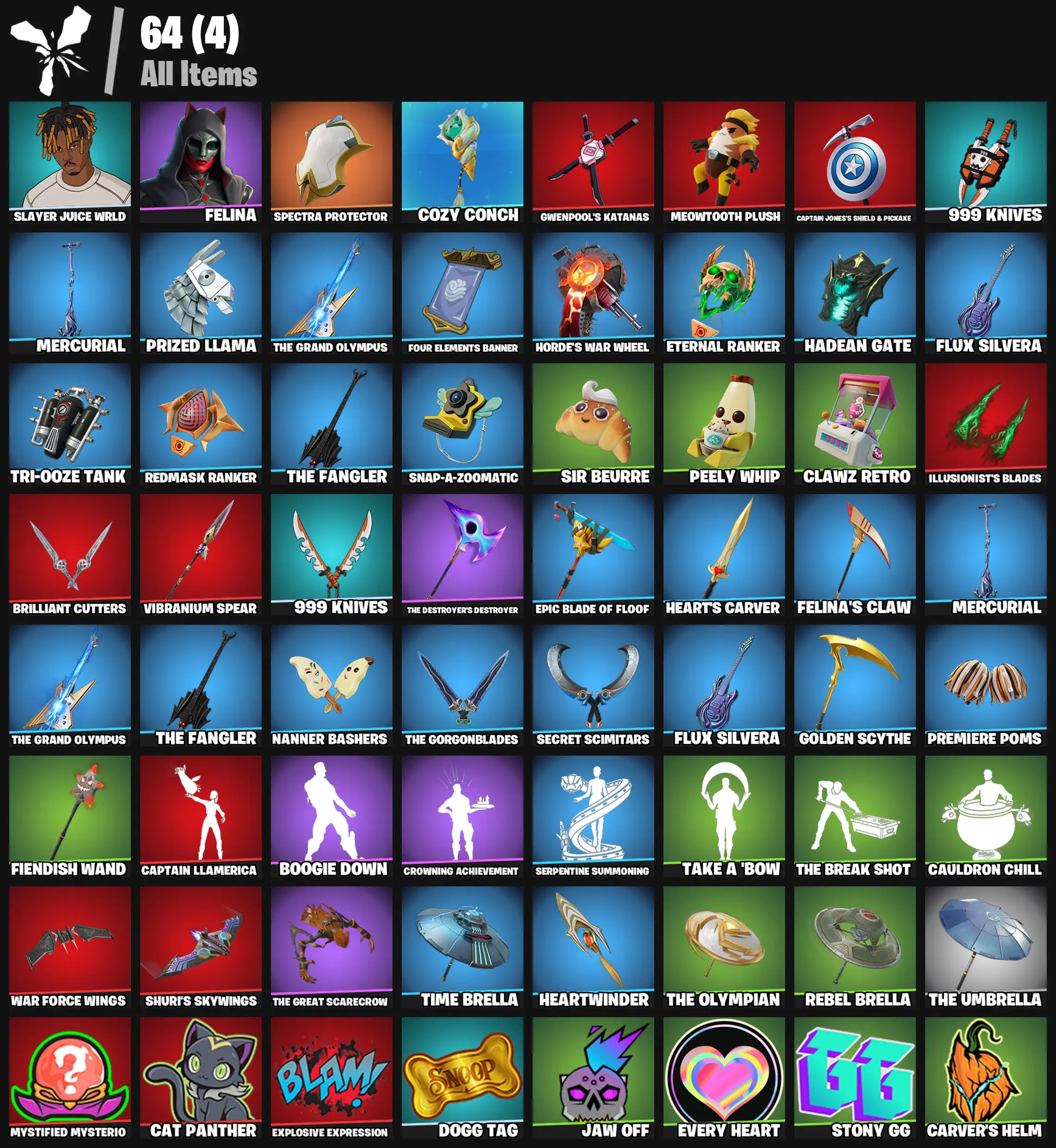 [PC/PSN/XBOX] 2 skins | Slayer Juice WRLD | Felina | Spectra Protector | Cozy Conch | Gwenpool's Katanas | Meowtooth Plush | 100 VB