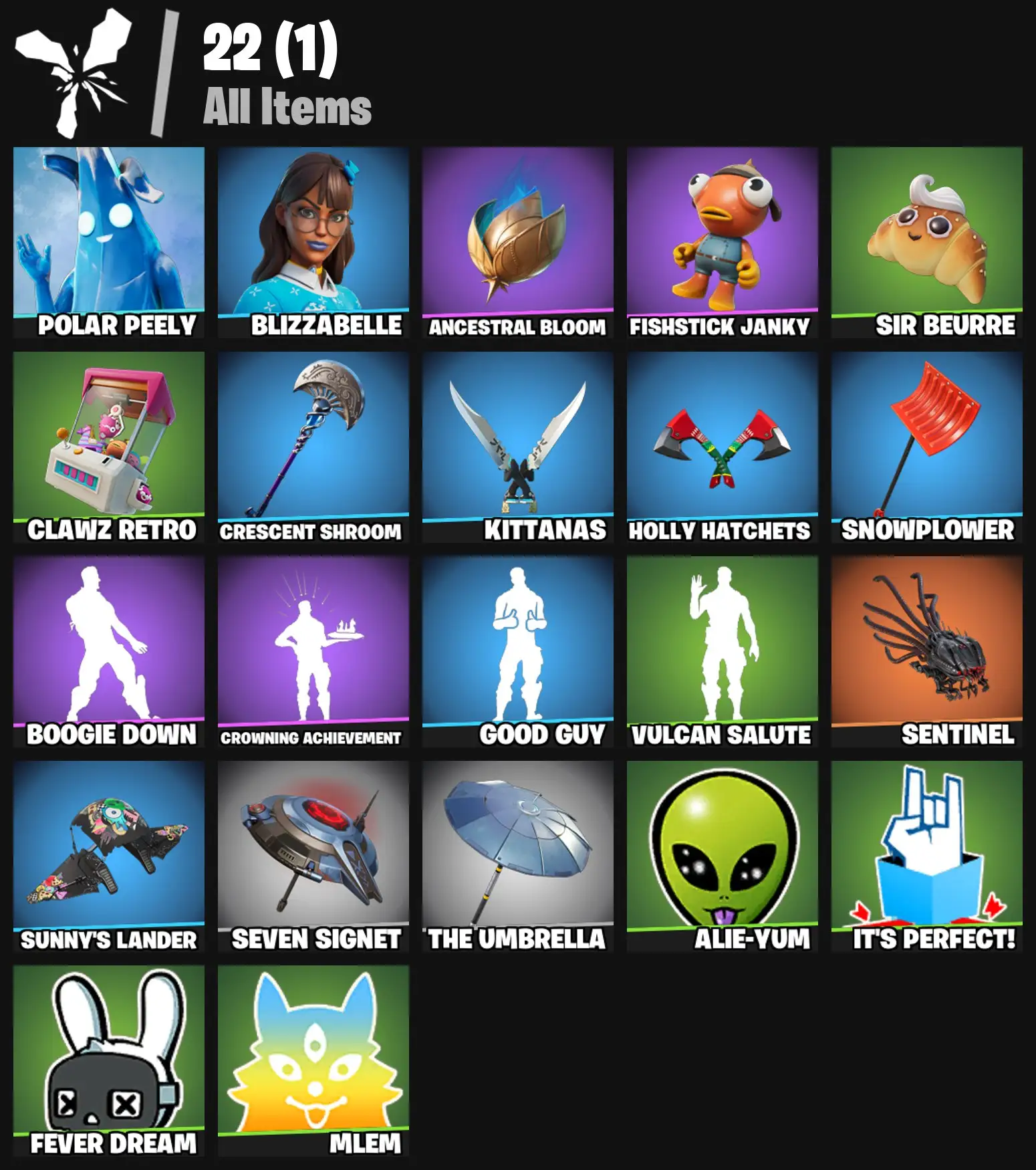 [PC/PSN/XBOX] 2 skins | Polar Peely | Blizzabelle | Ancestral Bloom | Fishstick Janky | Sir Beurre | Clawz Retro | Crescent Shroom | Kittanas | 0 VB