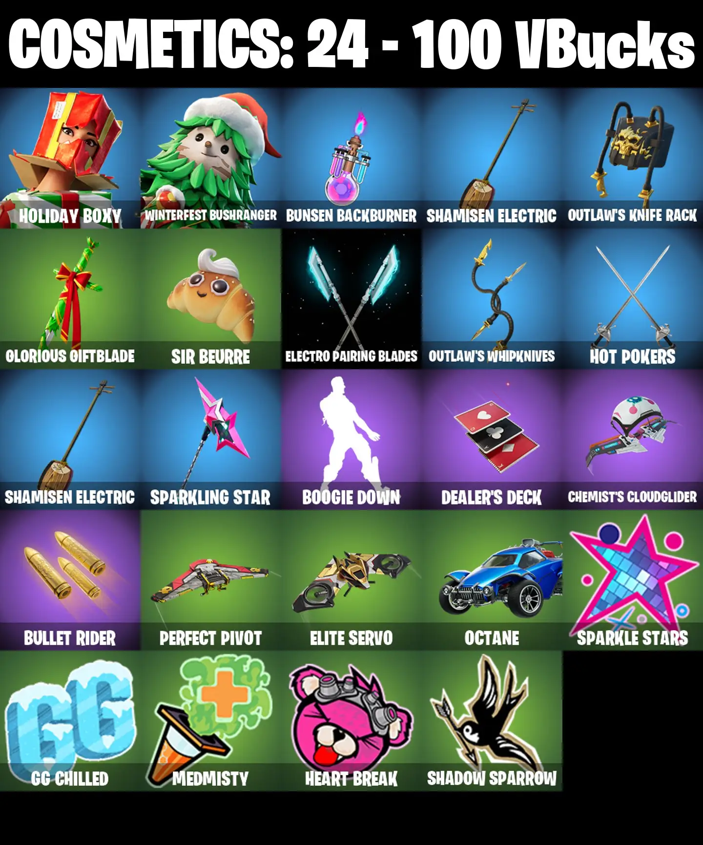 [PC/PSN/XBOX] 2 skins | Holiday Boxy | Winterfest Bushranger | Bunsen Backburner | Shamisen Electric | Outlaw's Knife Rack | Glorious Giftblade | 100 VB