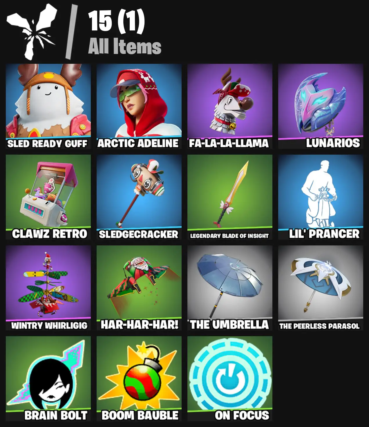[PC/PSN/XBOX] 2 skins | Sled Ready Guff | Arctic Adeline | Fa-la-la-Llama | Lunarios | Clawz Retro | Sledgecracker | Legendary Blade of Insight | 0 VB