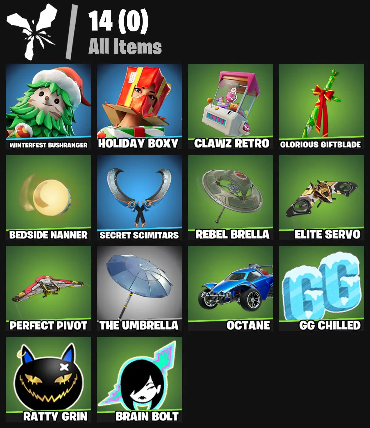 [PC/PSN/XBOX] 2 skins | Winterfest Bushranger | Holiday Boxy | Clawz Retro | Glorious Giftblade | Bedside Nanner | Secret Scimitars | Rebel Brella | 0 VB