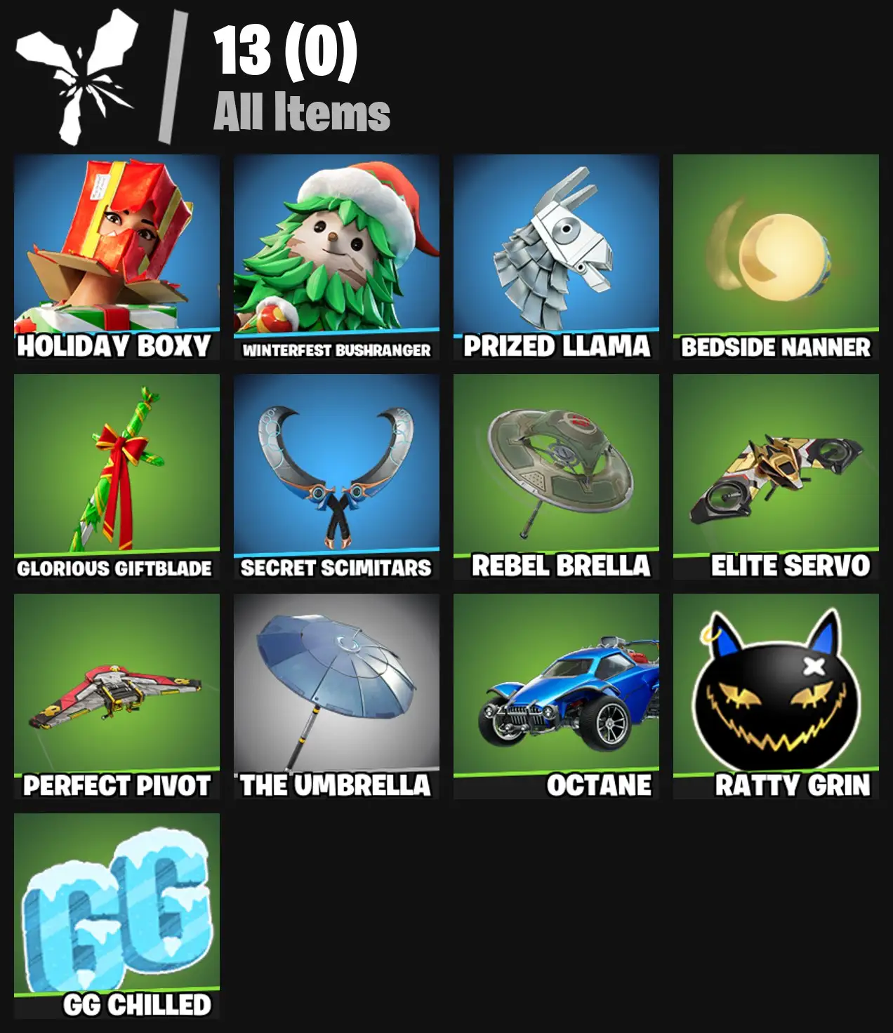 [PC/PSN/XBOX] 2 skins | Holiday Boxy | Winterfest Bushranger | Prized Llama | Bedside Nanner | Glorious Giftblade | Secret Scimitars | Rebel Brella | 100 VB