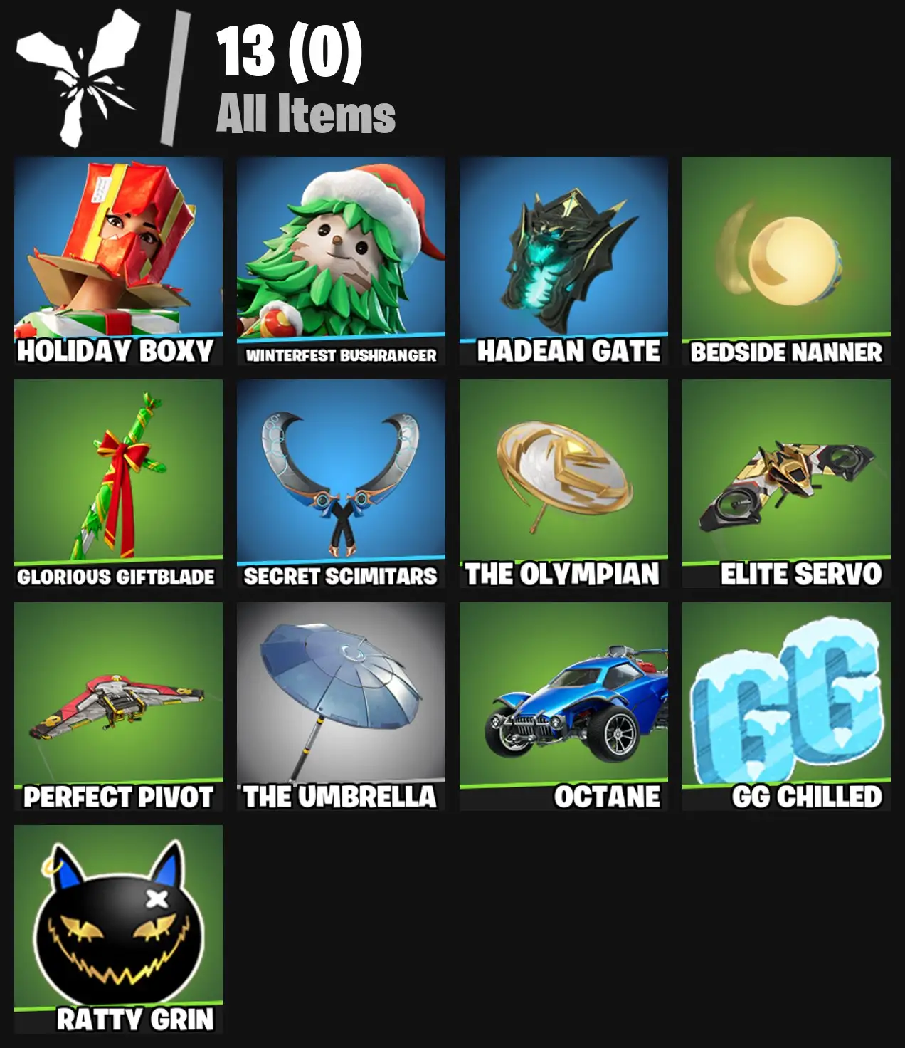 [PC/PSN/XBOX] 2 skins | Holiday Boxy | Winterfest Bushranger | Hadean Gate | Bedside Nanner | Glorious Giftblade | Secret Scimitars | The Olympian | 0 VB