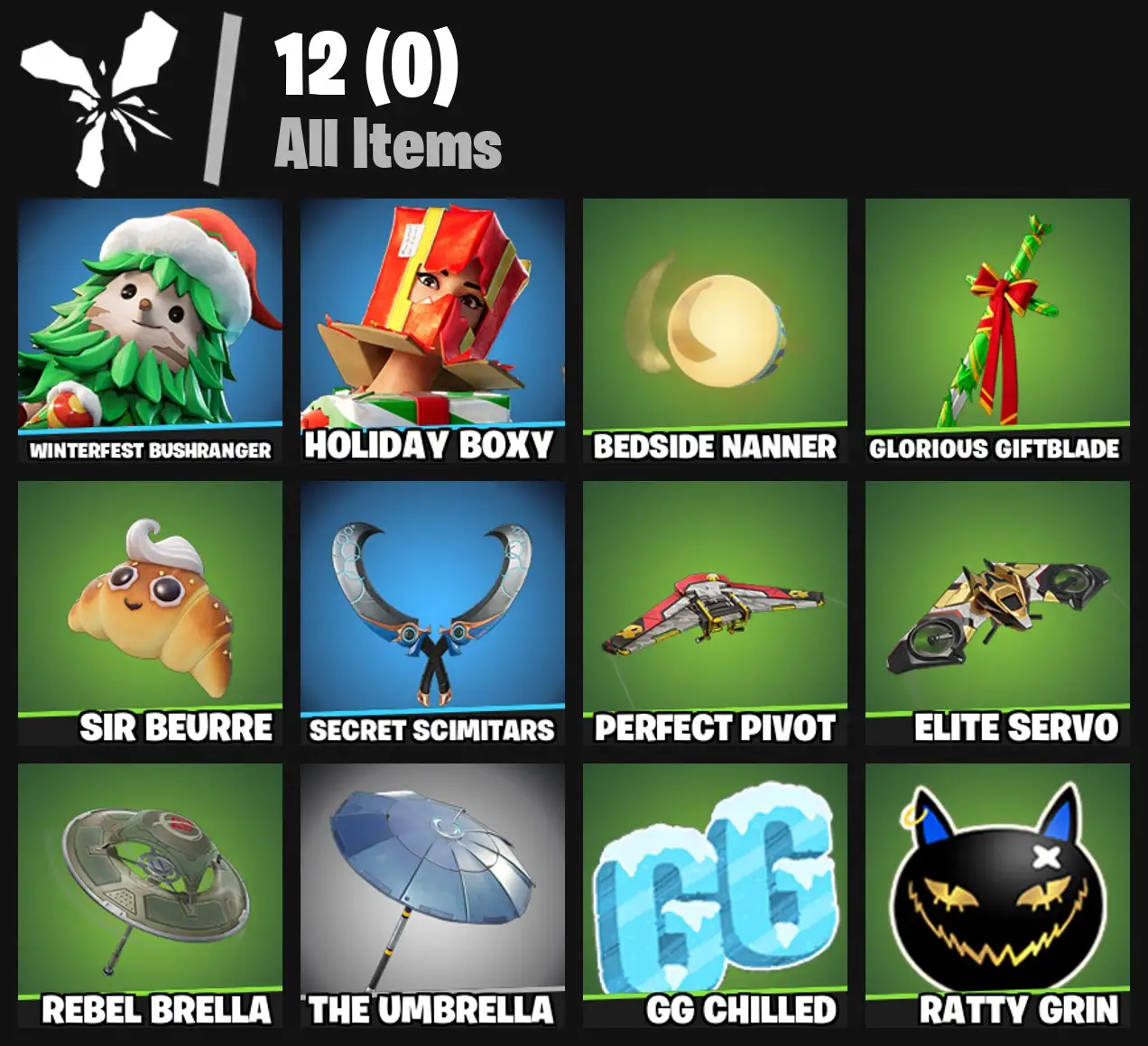 [PC/PSN/XBOX] 2 skins | Winterfest Bushranger | Holiday Boxy | Bedside Nanner | Glorious Giftblade | Sir Beurre | Secret Scimitars | Perfect Pivot | 0 VB