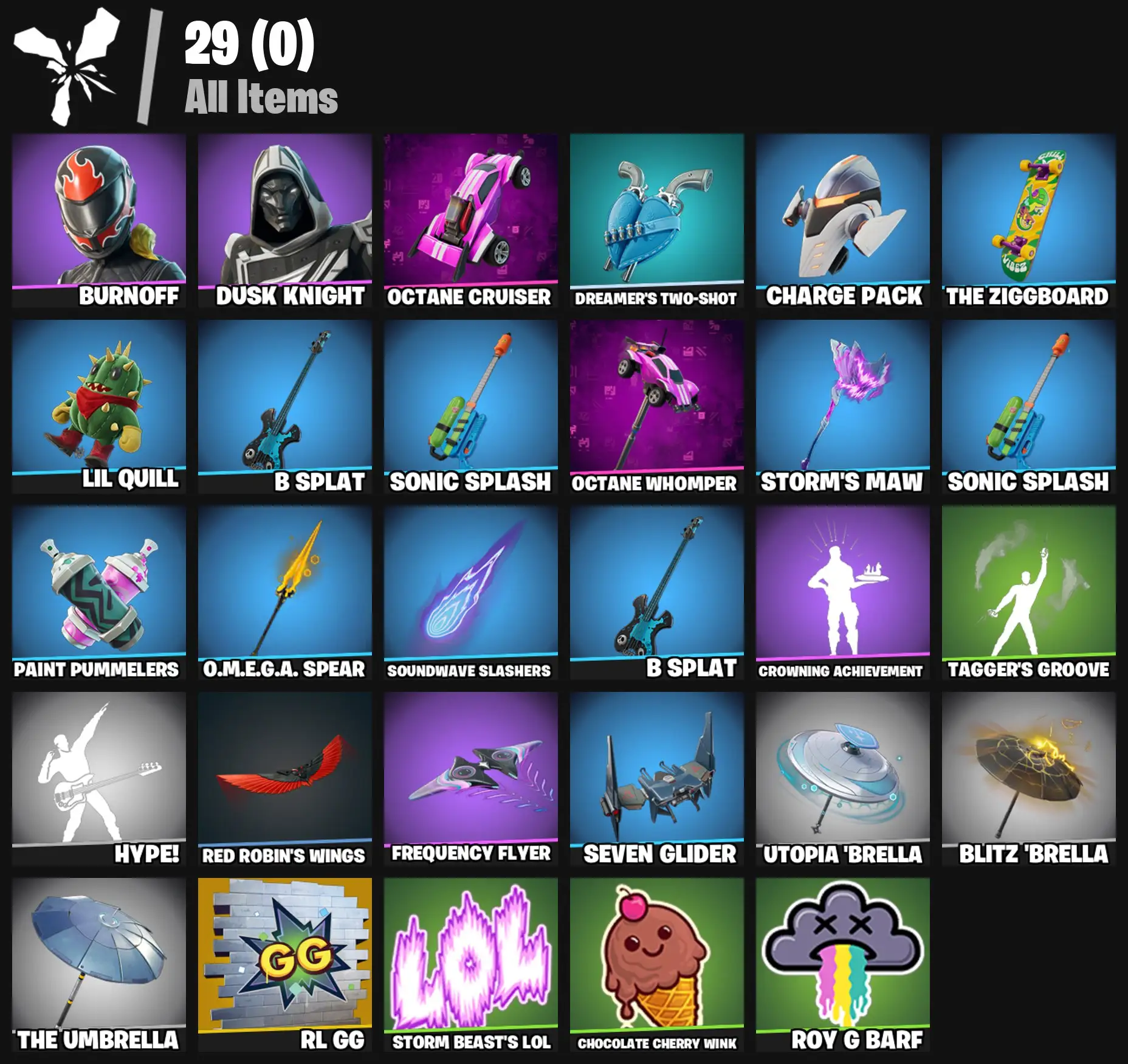 [PC/PSN/XBOX] 2 skins | Burnoff | Blitz Knight | Octane Cruiser | Dreamer's Two-Shot | Charge Pack | The Ziggboard | Lil Quill | B Splat | 200 VB