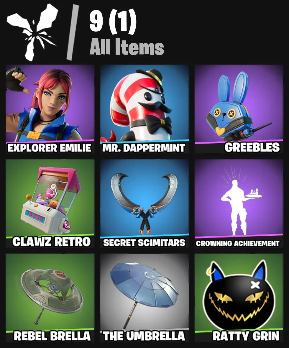 [PC/PSN/XBOX] 2 skins | Explorer Emilie | Mr. Dappermint | Greebles | Clawz Retro | Secret Scimitars | Crowning Achievement | Rebel Brella | 0 VB