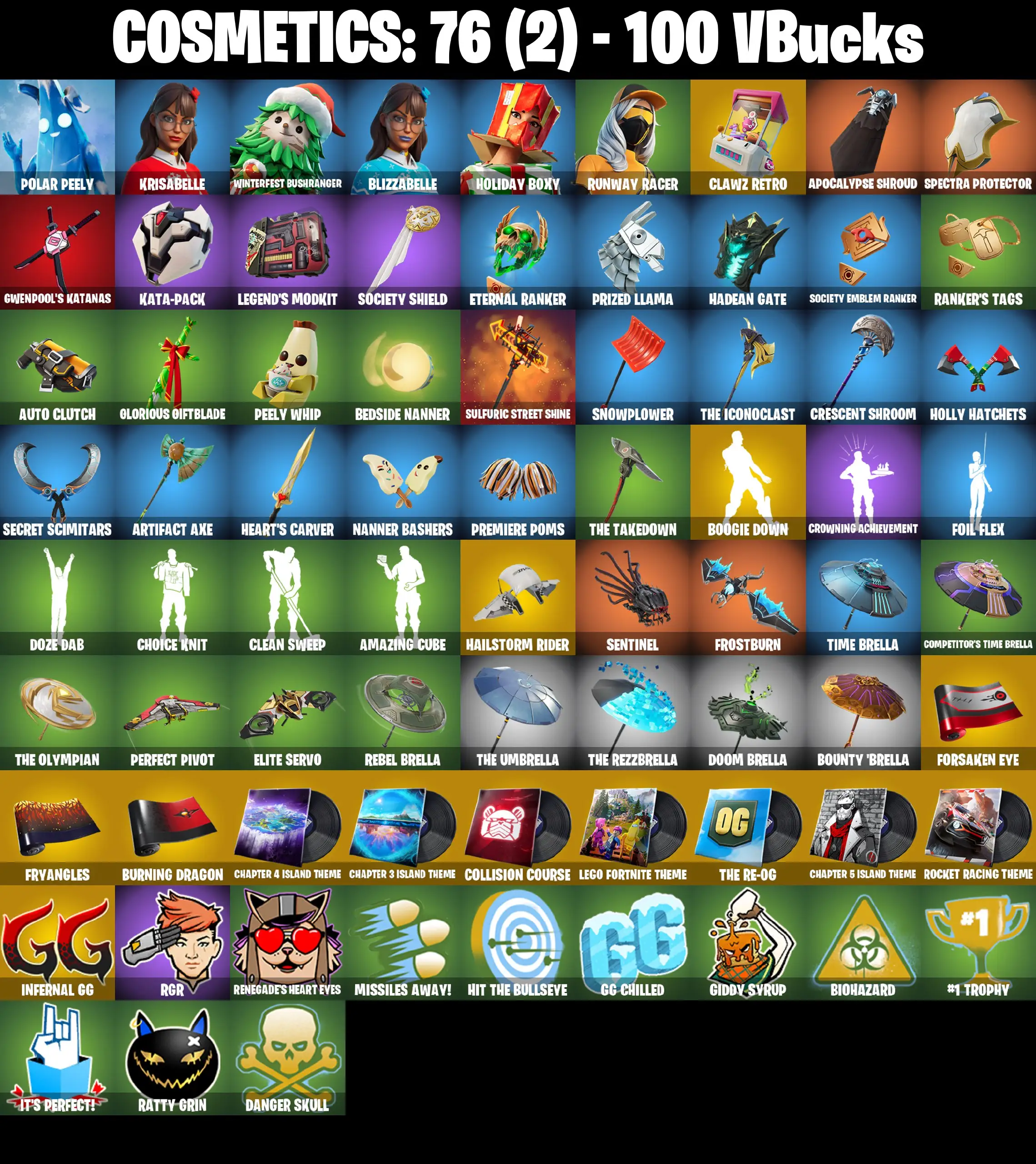 [PC/PSN/XBOX] 6 Skins | Polar Peely | Holiday Boxy | Winterfest Bushranger | Runway Racer | Krisabelle | Blizzabelle | 100 VB