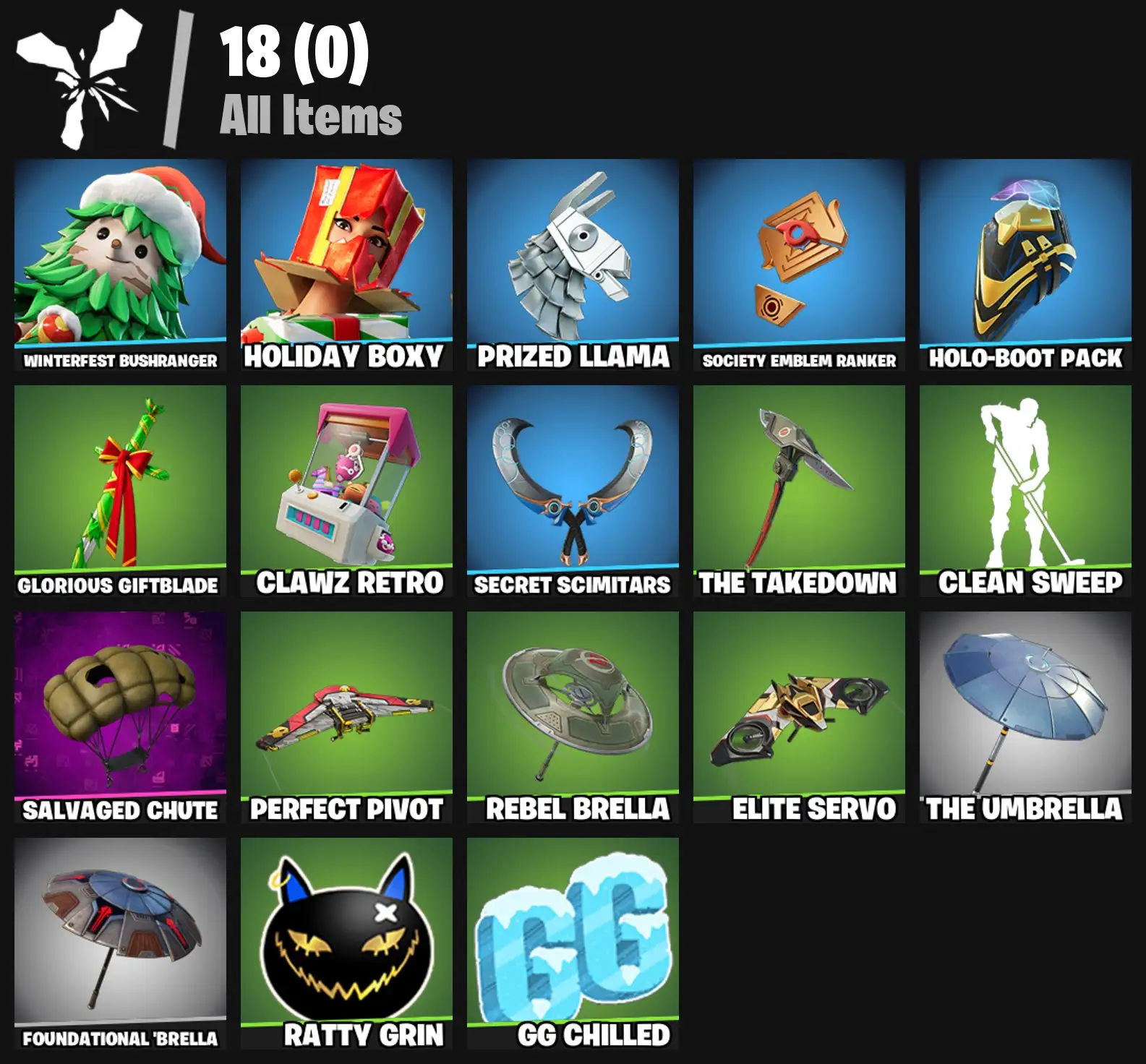 [PC/PSN/XBOX] 2 skins | Winterfest Bushranger | Holiday Boxy | Prized Llama | Society Emblem Ranker | Holo-Boot Pack | Glorious Giftblade | 200 VB