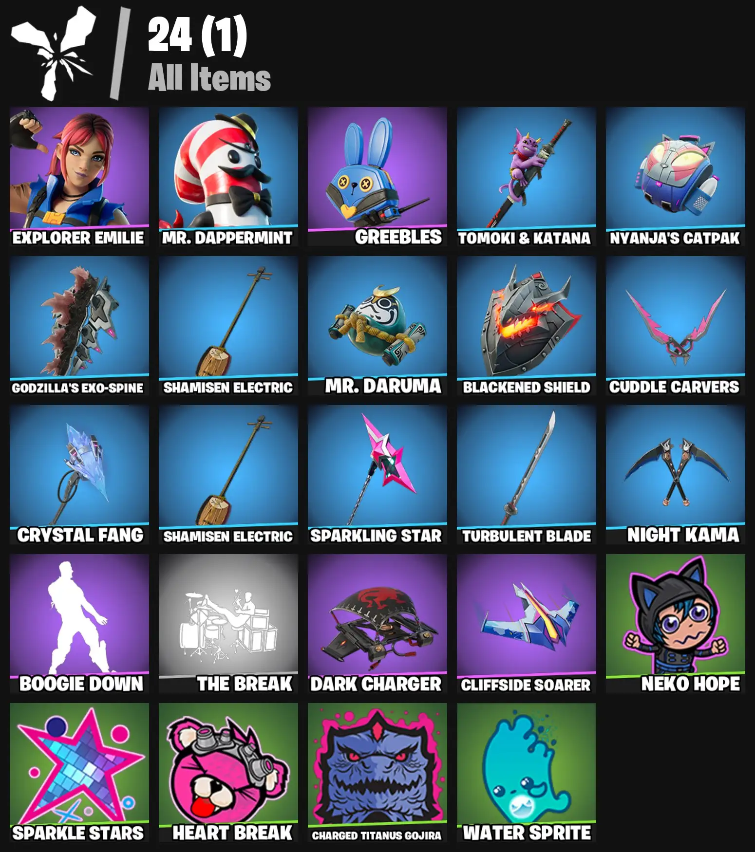 [PC/PSN/XBOX] 2 skins | Explorer Emilie | Mr. Dappermint | Greebles | Tomoki & Katana | Nyanja's Catpak | Godzilla's Exo-Spine | Shamisen Electric | 100 VB