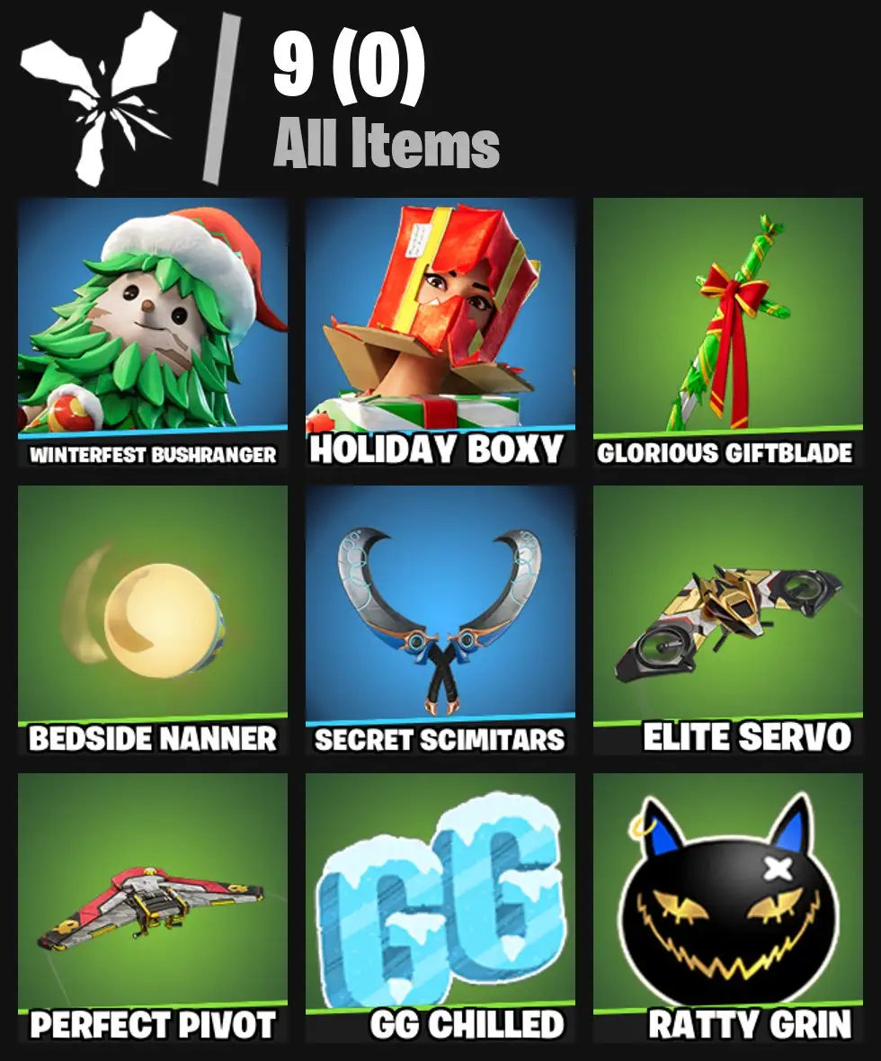 [PC/PSN/XBOX] 2 skins | Winterfest Bushranger | Holiday Boxy | Glorious Giftblade | Bedside Nanner | Secret Scimitars | Elite Servo | Perfect Pivot | 100 VB