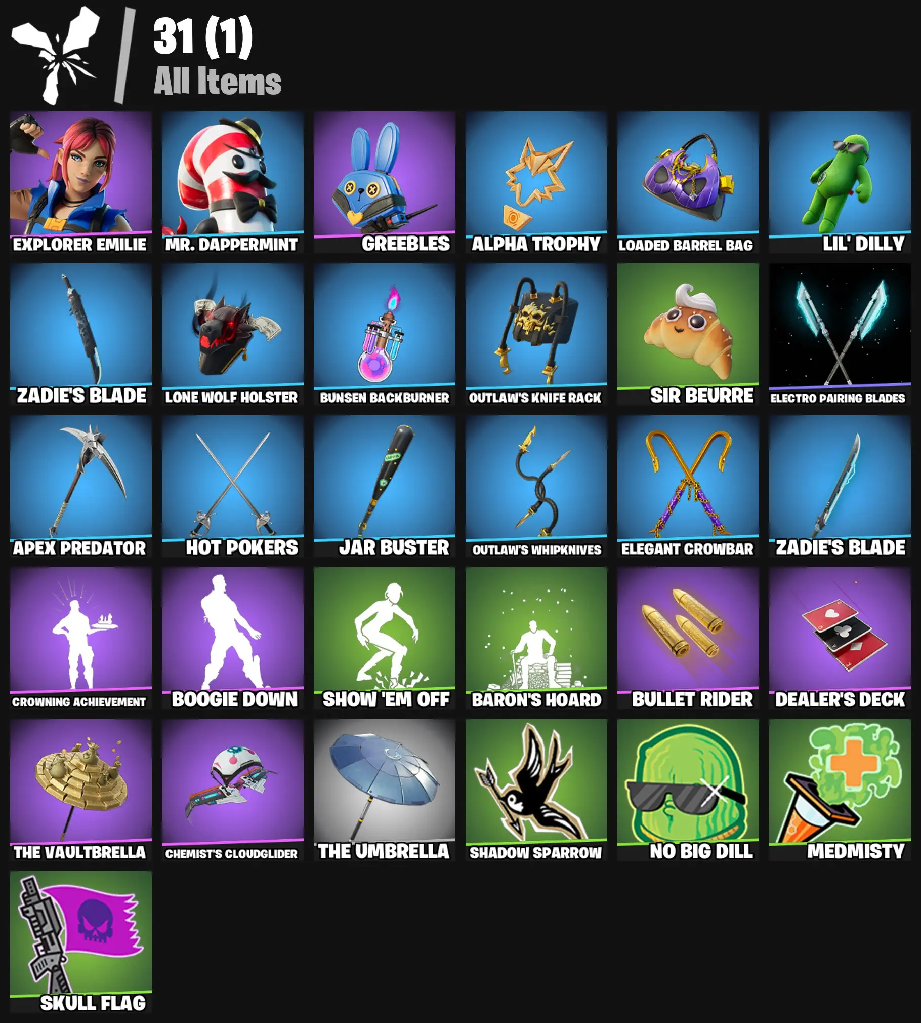 [PC/PSN/XBOX] 2 skins | Explorer Emilie | Mr. Dappermint | Greebles | Alpha Trophy | Loaded Barrel Bag | Lil' Dilly | Zadie's Blade | 200 VB