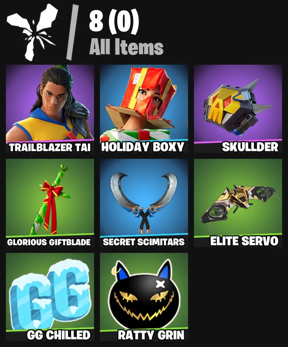[PC/PSN/XBOX] 2 skins | Trailblazer Tai | Holiday Boxy | Skullder | Glorious Giftblade | Secret Scimitars | Elite Servo | 0 VB