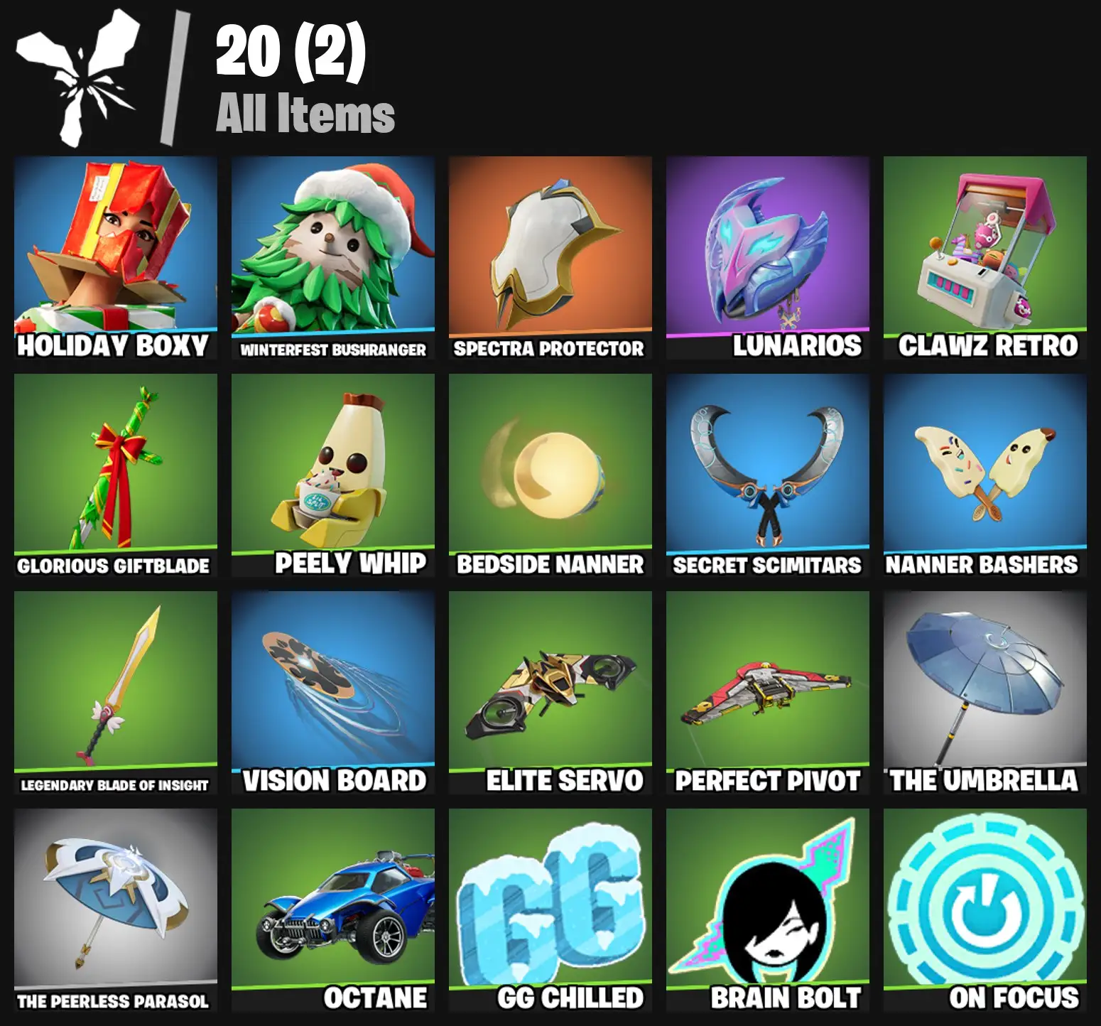[PC/PSN/XBOX] 2 skins | Holiday Boxy | Winterfest Bushranger | Spectra Protector | Lunarios | Clawz Retro | Glorious Giftblade | Peely Whip | 0 VB