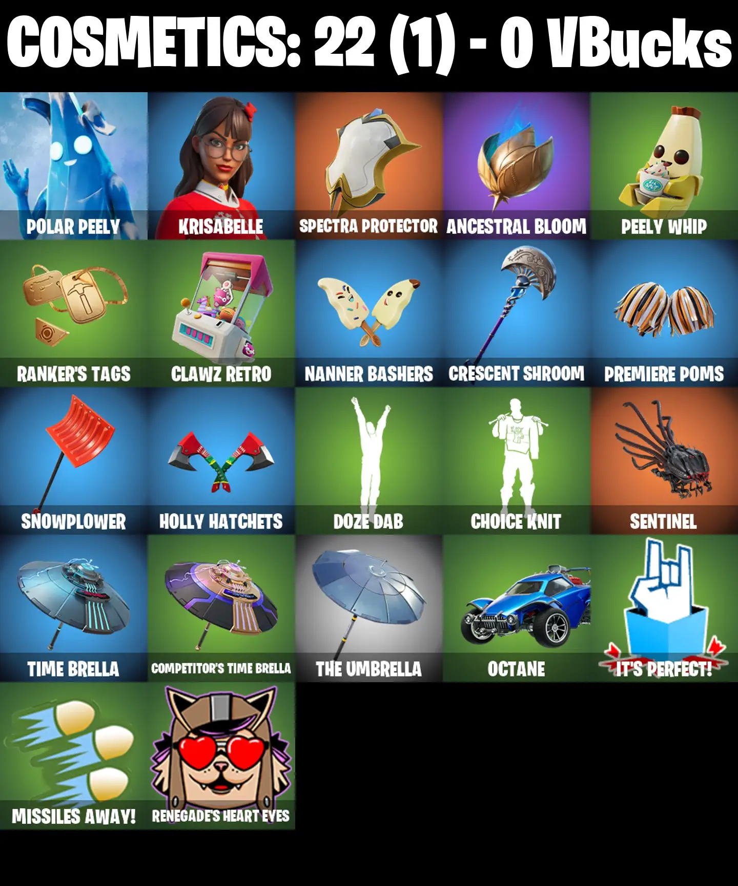 [PC/PSN/XBOX] 2 skins | Polar Peely | Krisabelle | Spectra Protector | Ancestral Bloom | Peely Whip | Ranker's Tags | Clawz Retro | Nanner Bashers | 0 VB