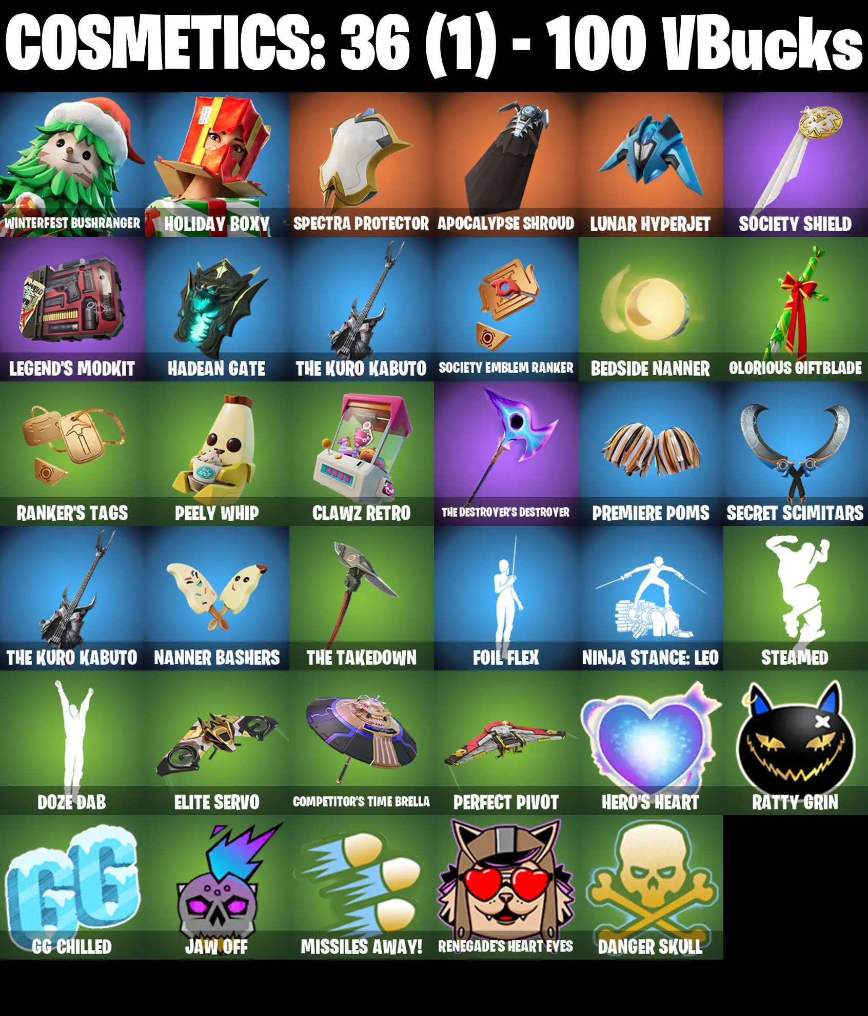 [PC/PSN/XBOX] 2 skins | Winterfest Bushranger | Holiday Boxy | Spectra Protector | Apocalypse Shroud | Lunar Hyperjet | Society Shield | 100 VB