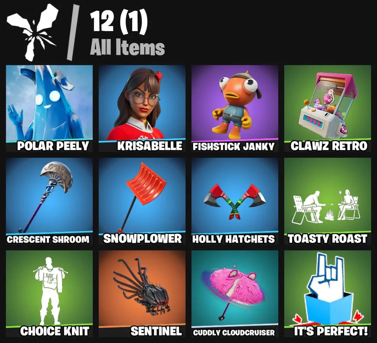 [PC/PSN/XBOX] 2 skins | Polar Peely | Krisabelle | Fishstick Janky | Clawz Retro | Crescent Shroom | Snowplower | Holly Hatchets | Toasty Roast | 100 VB